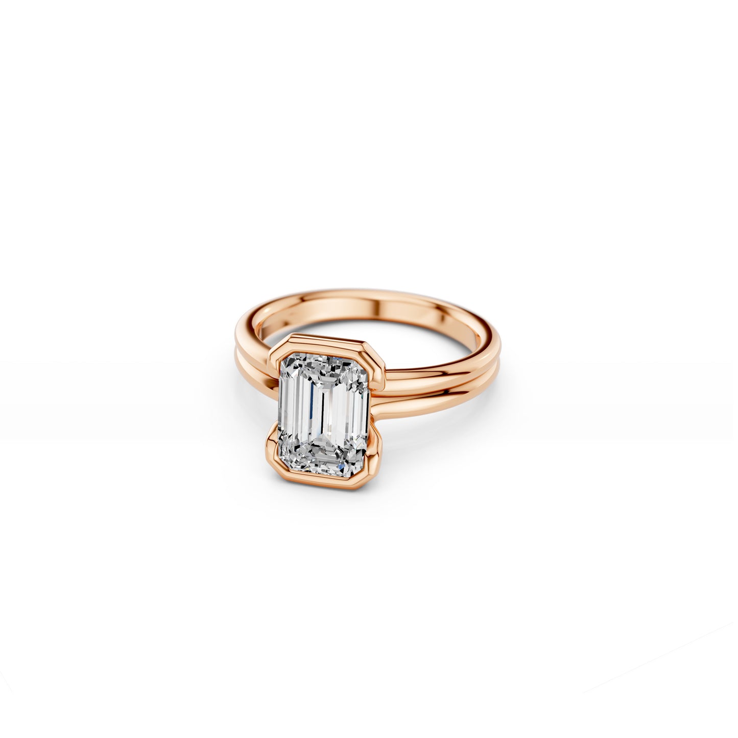Rose gold emerald-cut diamond engagement ring with split bezel setting and double band made in South Africa