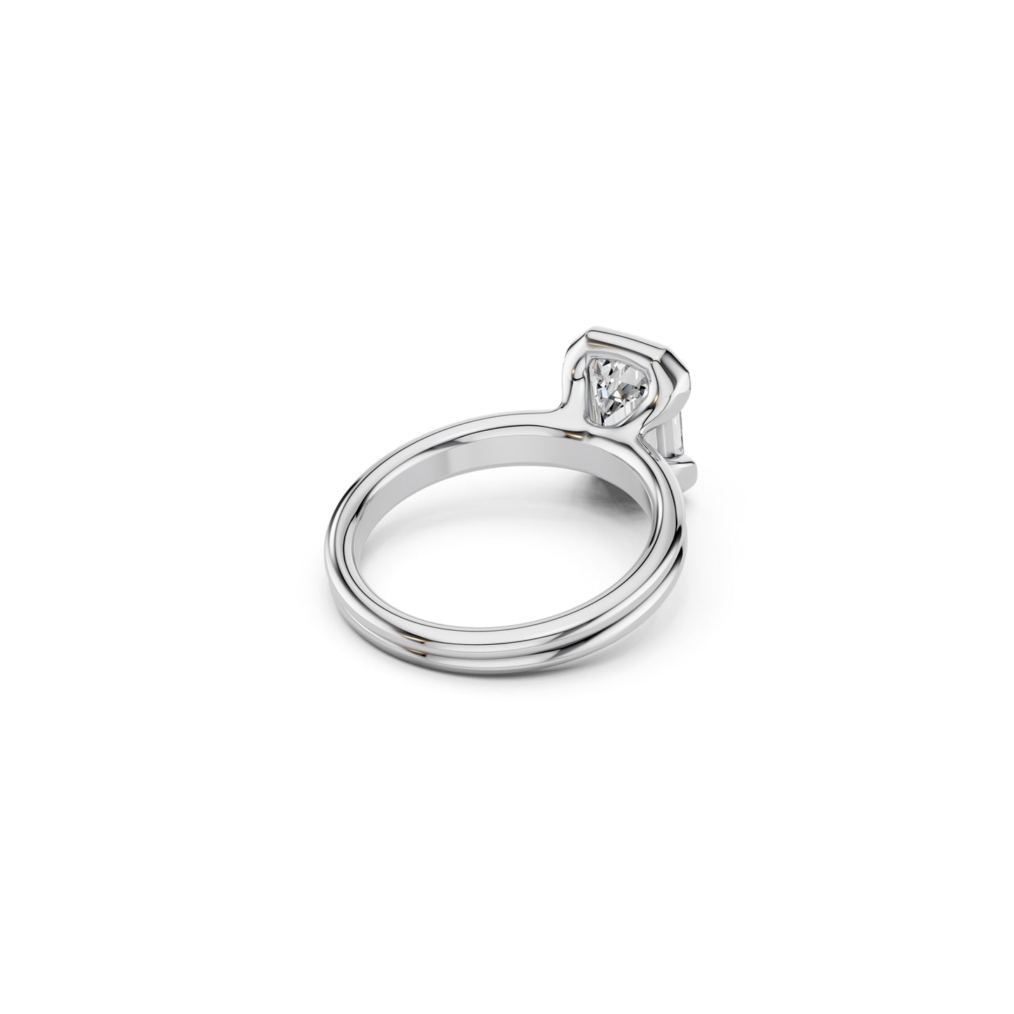 Angled side view of split bezel diamond engagement ring in white gold