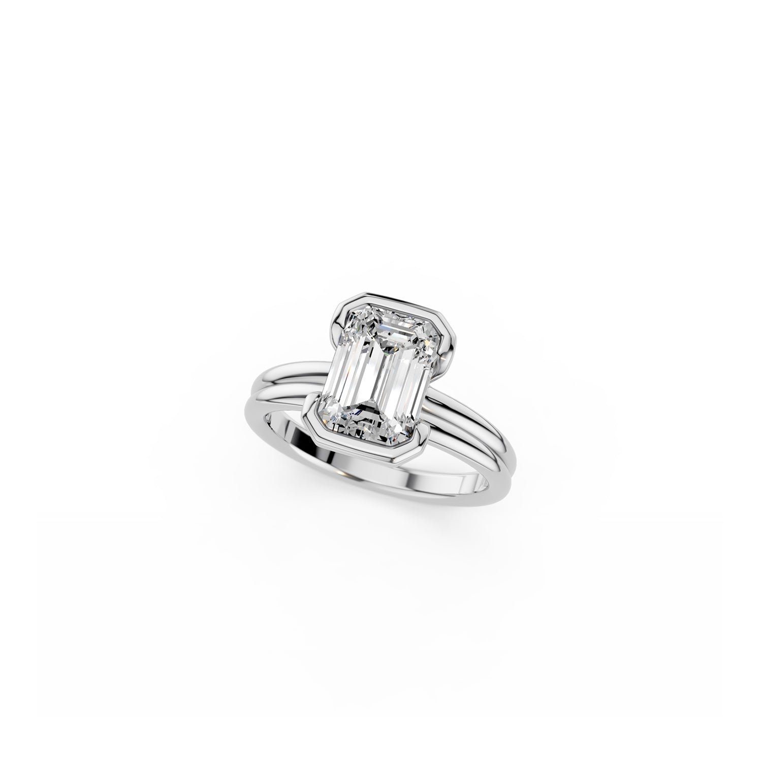 White gold split bezel emerald cut diamond engagement ring with chunky double band | Johannesburg