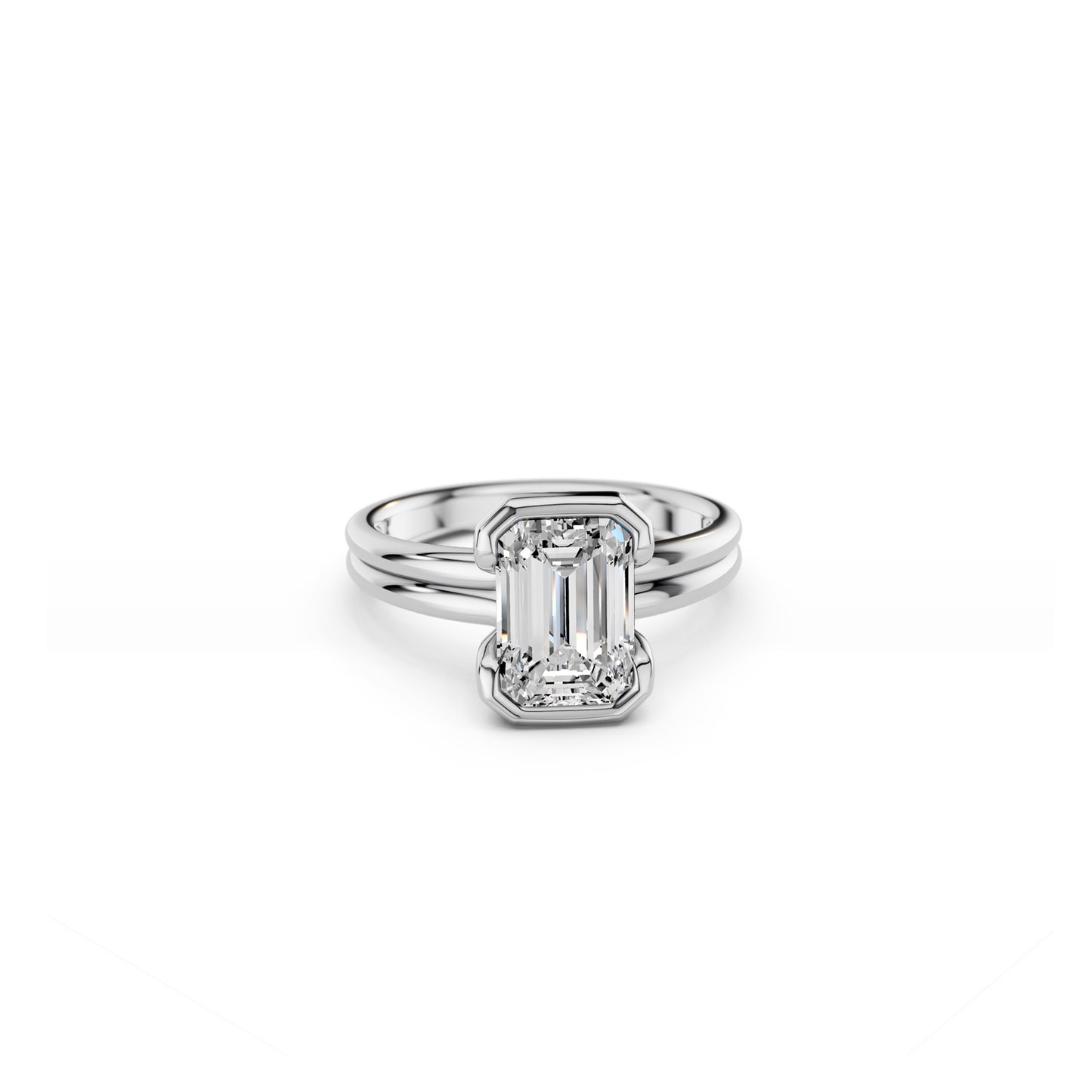White gold emerald cut diamond engagement ring with structured double band design and partial split bezel setting | South Africa 