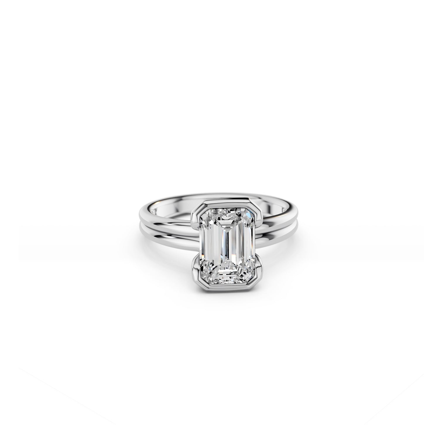 White gold emerald cut diamond engagement ring with structured double band design and partial split bezel setting | South Africa 