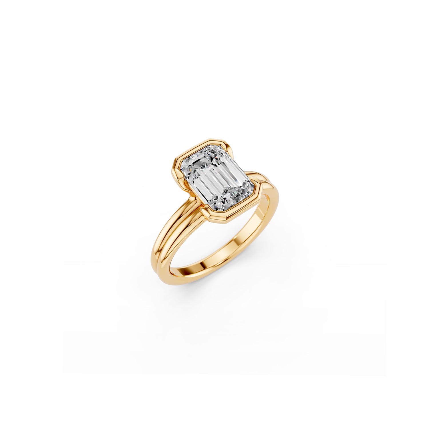 Modern solitaire engagement ring with two side-by-side bands and emerald-cut diamond in a split bezel setting | Johannesburg, South Africa