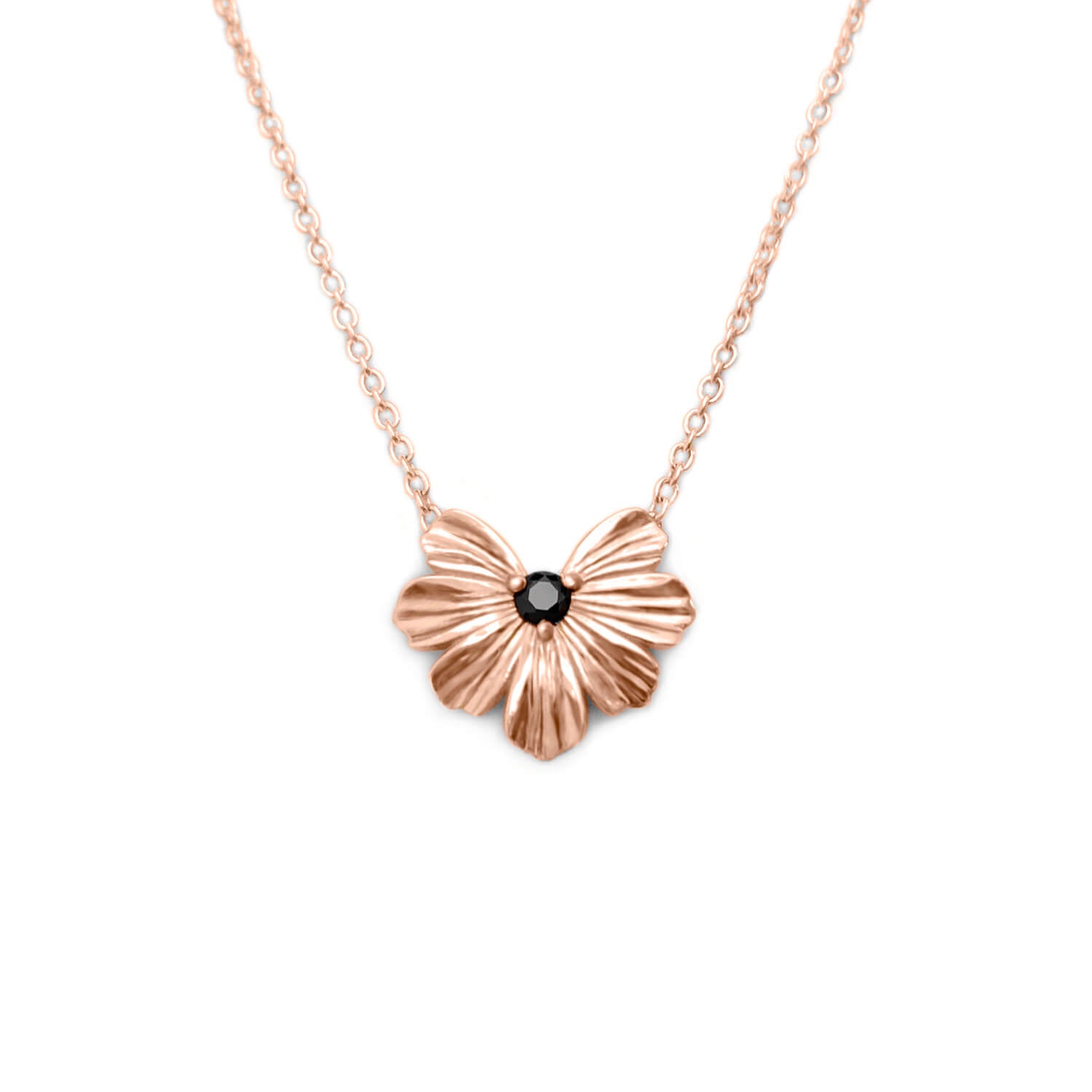 Floral Heart pendant in 9k rose gold with black moissanite on a rolo chain.