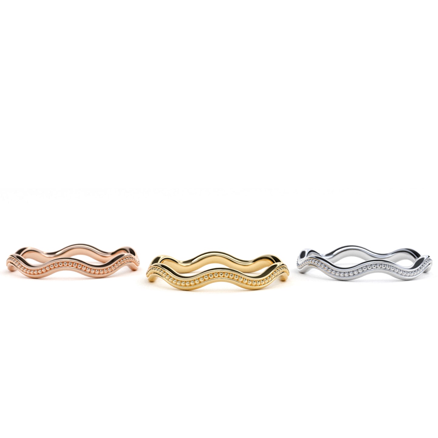 Go With The Flow milgrain rings in 9k yellow, rose and white gold