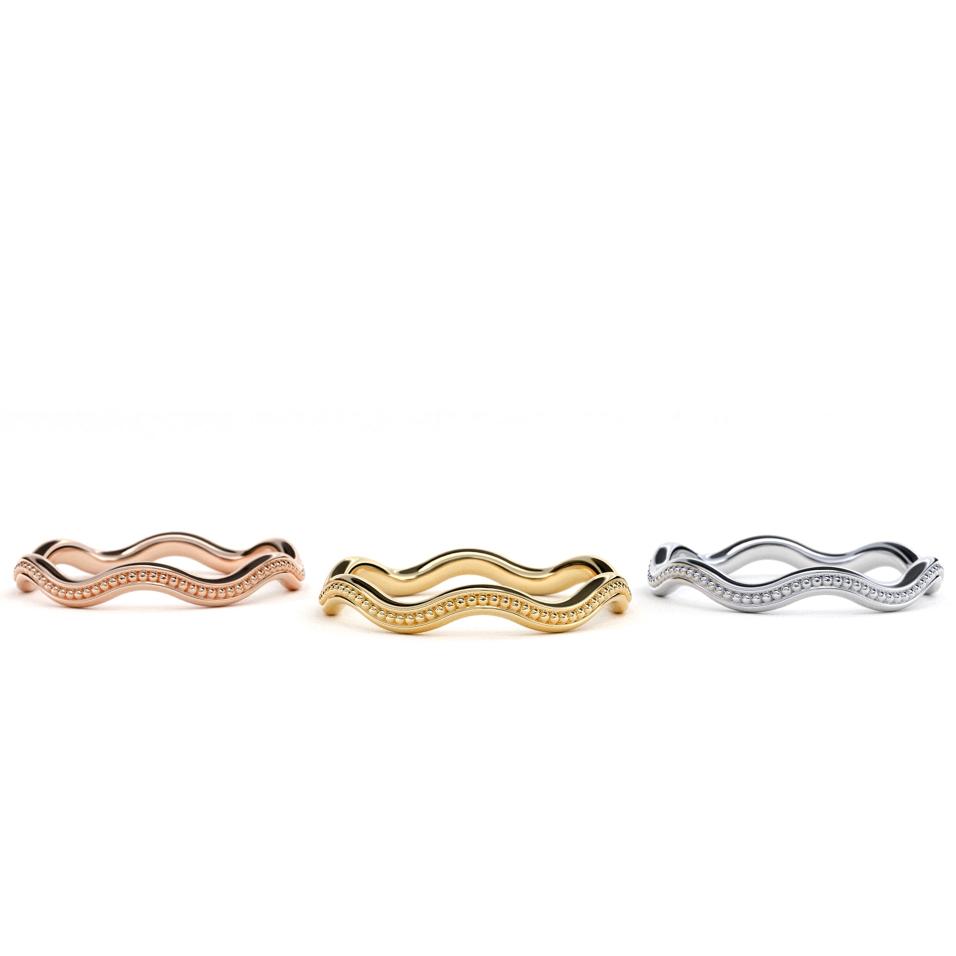 Go With The Flow milgrain rings in 9k yellow, rose and white gold