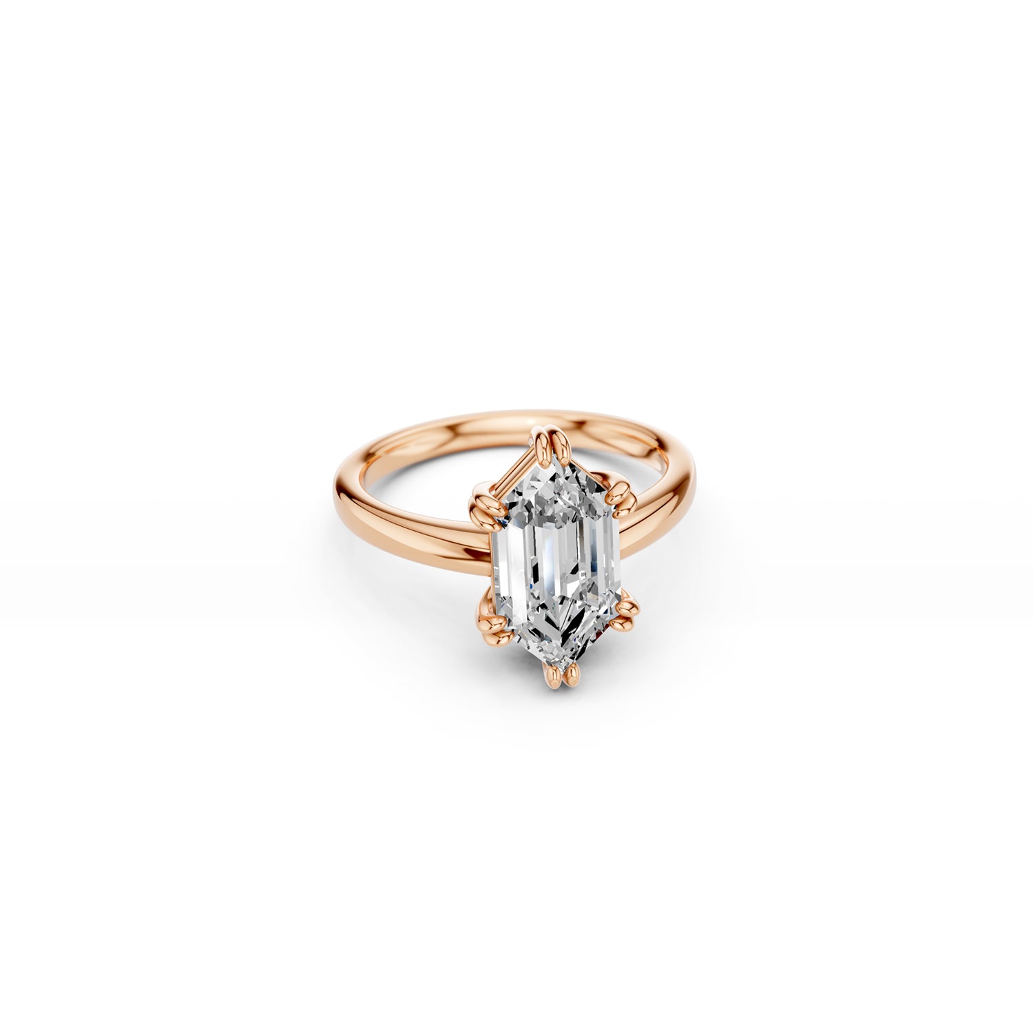 Rose gold hexagon step-cut lab diamond ring with bold geometric silhouette