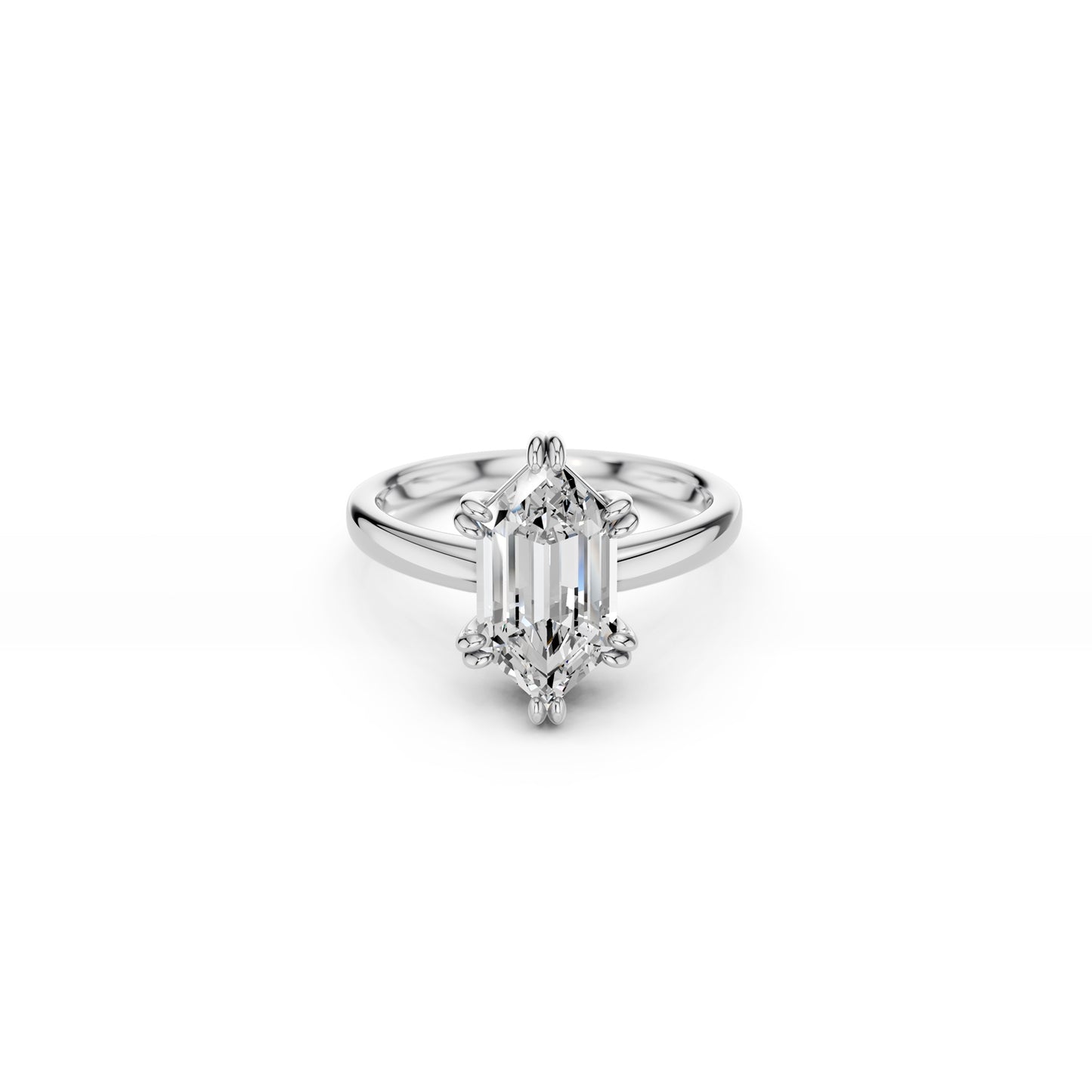 White gold hexagon lab diamond engagement ring with double claw setting