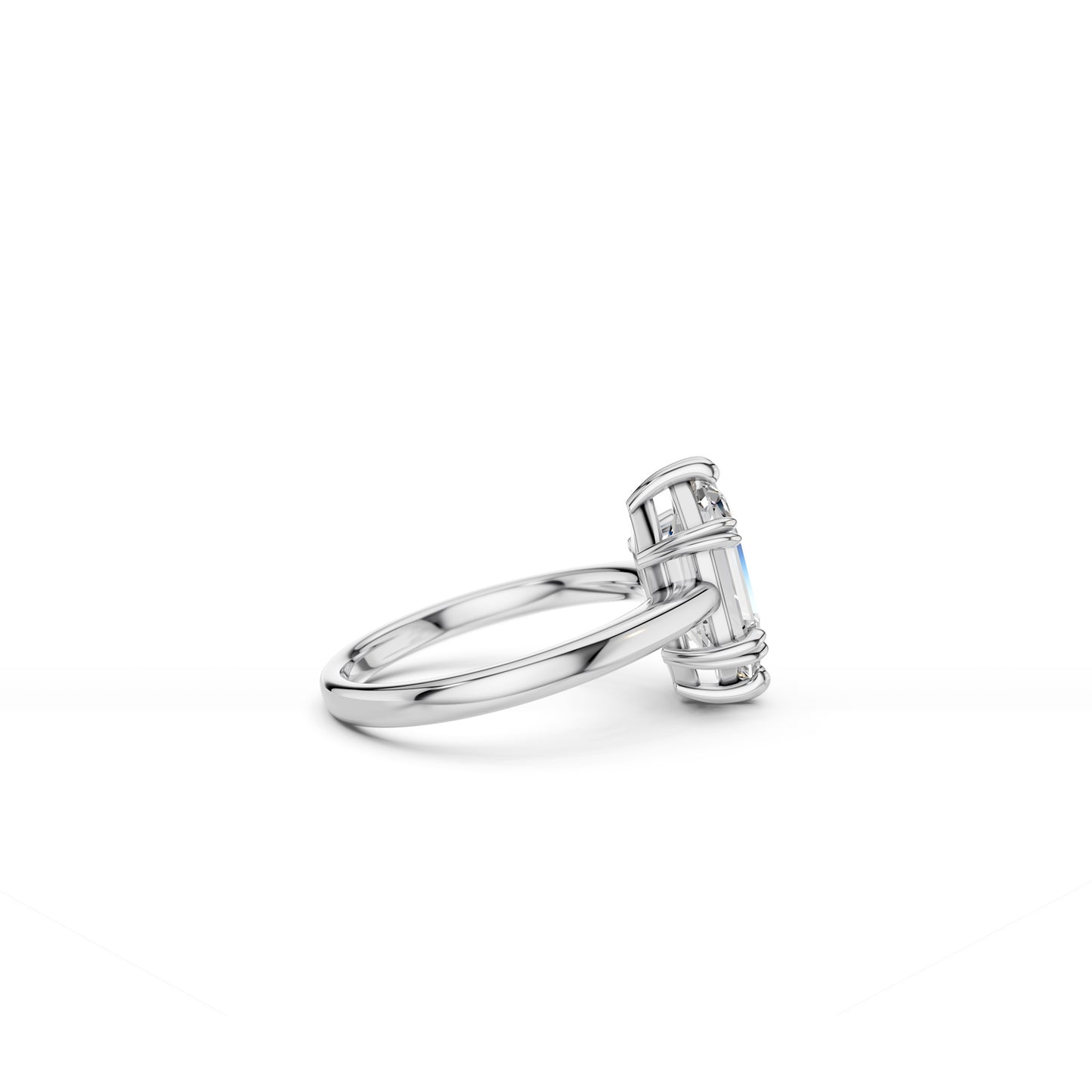 Side view of white gold hexagon diamond engagement ring showing detailed view of double claws