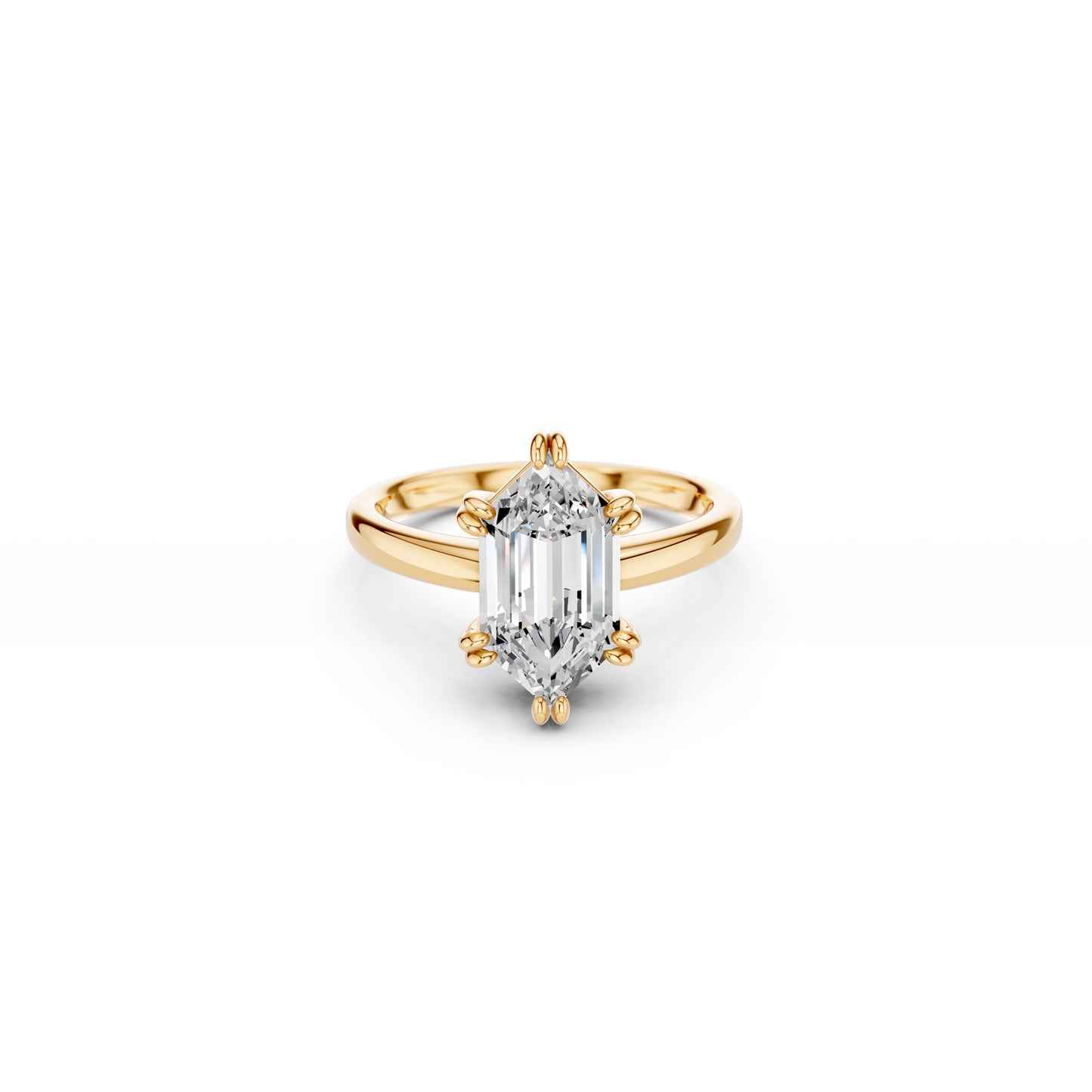 Modern hexagon-cut lab diamond engagement ring with prominent double claw setting, in yellow gold