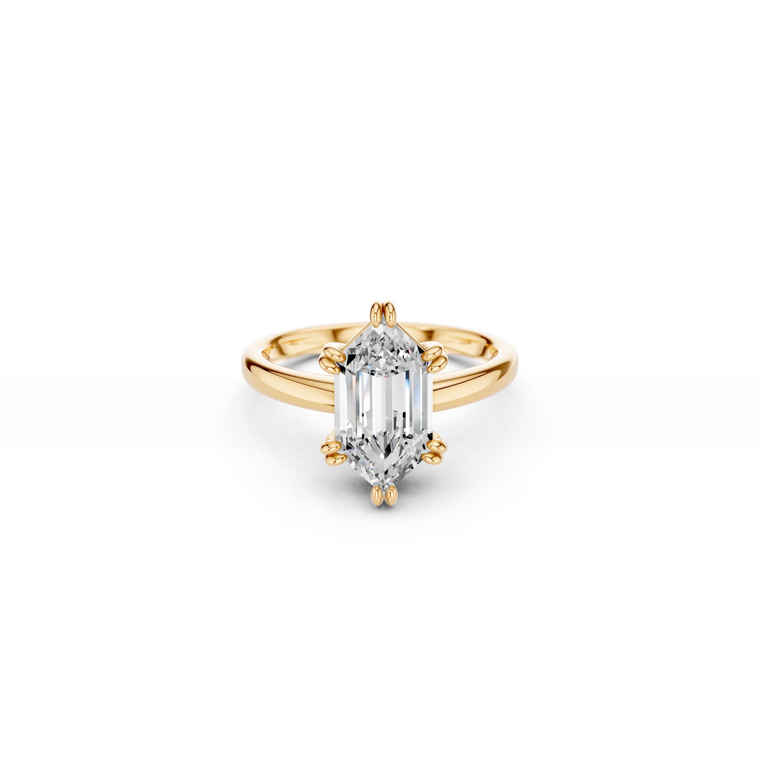 Modern hexagon-cut lab diamond engagement ring with prominent double claw setting, in yellow gold