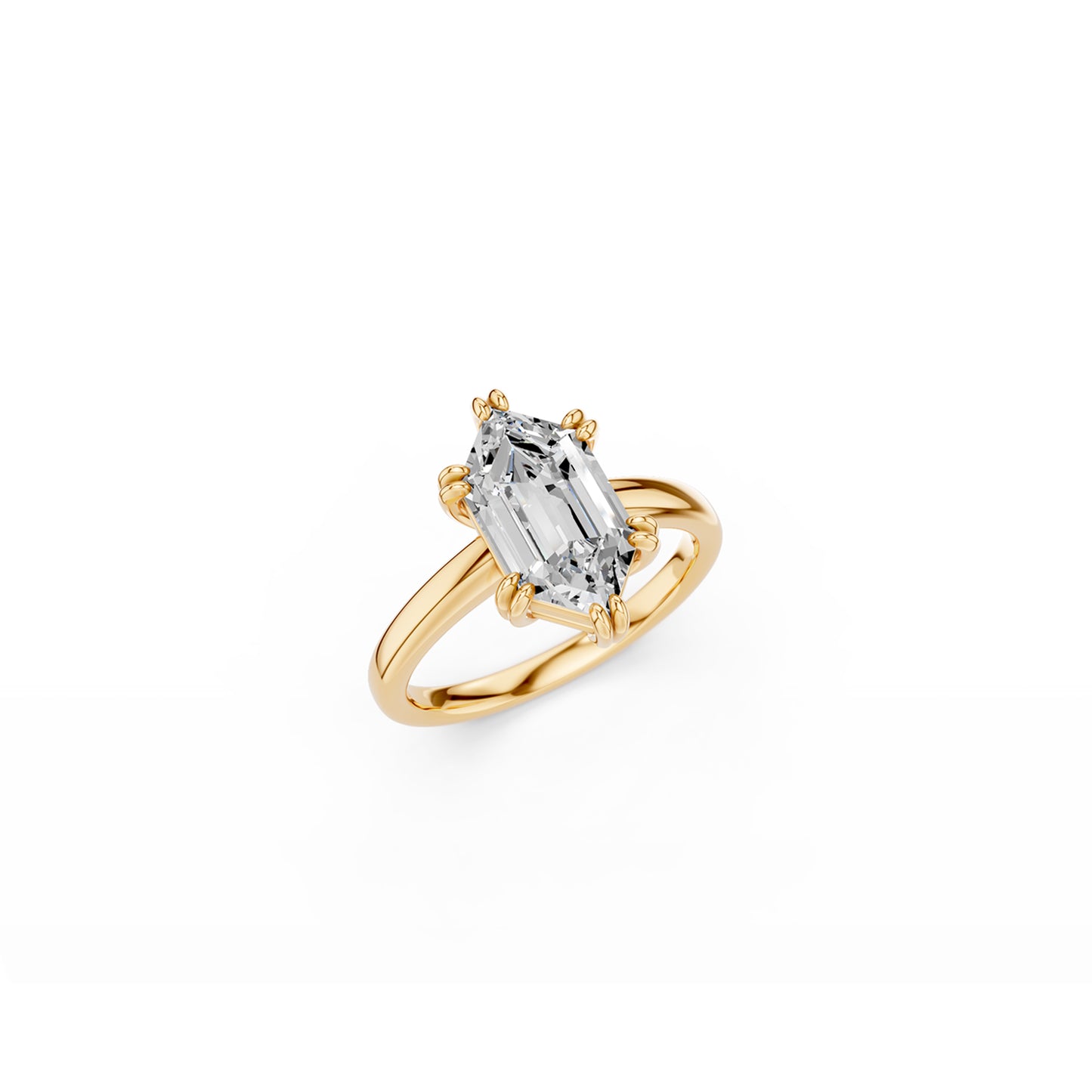 Perspective view of hexagon step-cut solitaire engagement ring