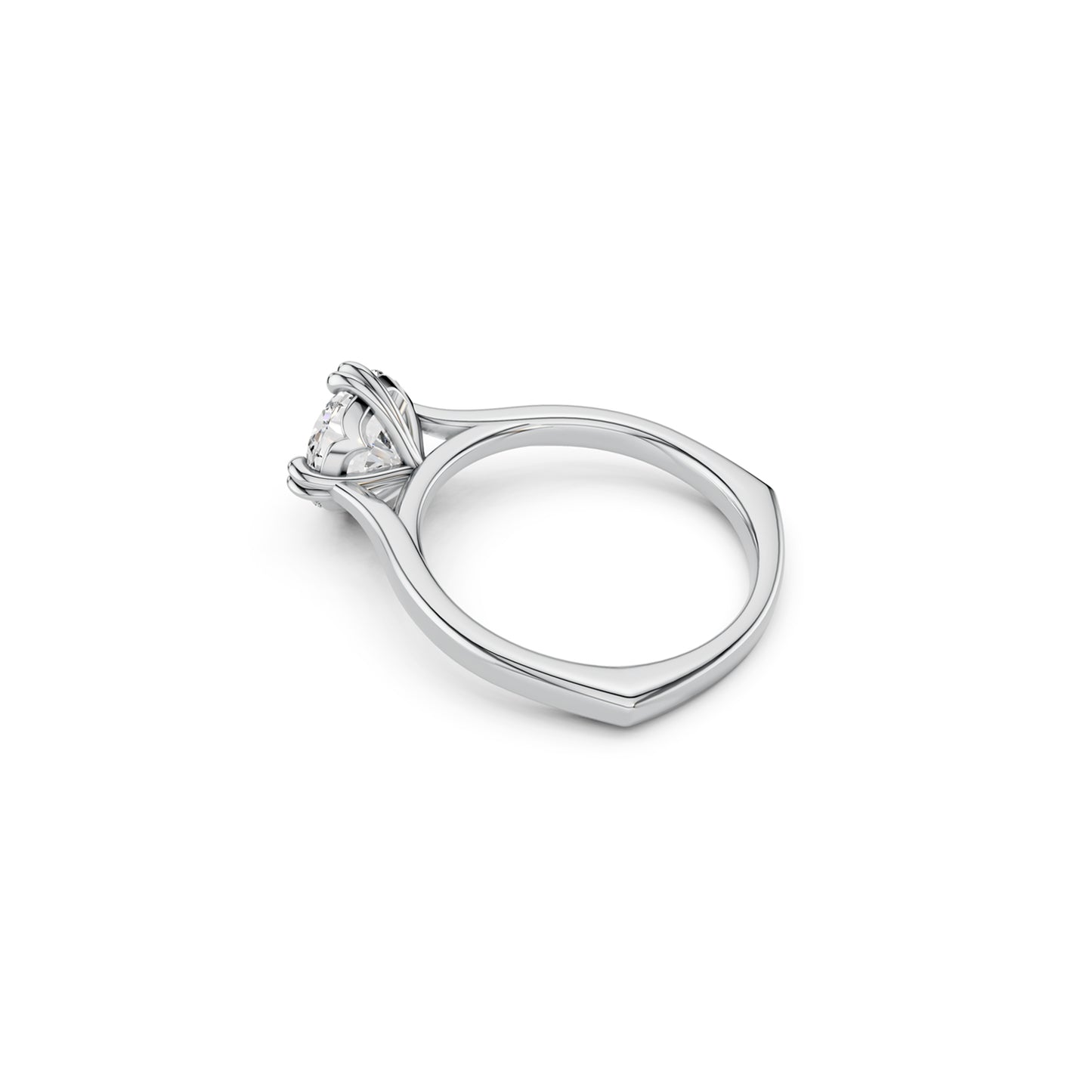 Perspective side view of a modern round diamond solitaire ring with hidden heart details, cathedral shoulders and a euro shank in white gold