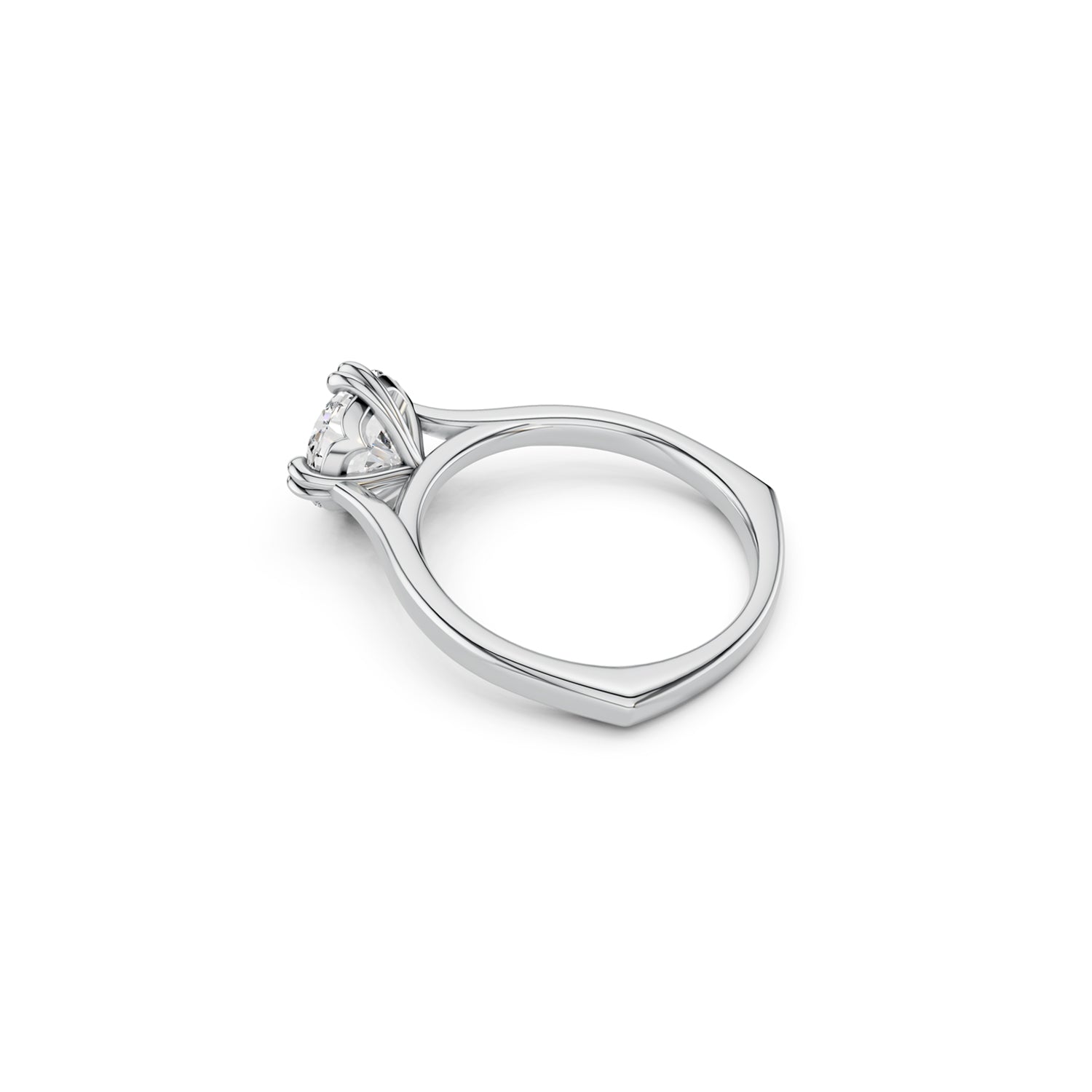 Perspective side view of a modern round diamond solitaire ring with hidden heart details, cathedral shoulders and a euro shank in white gold