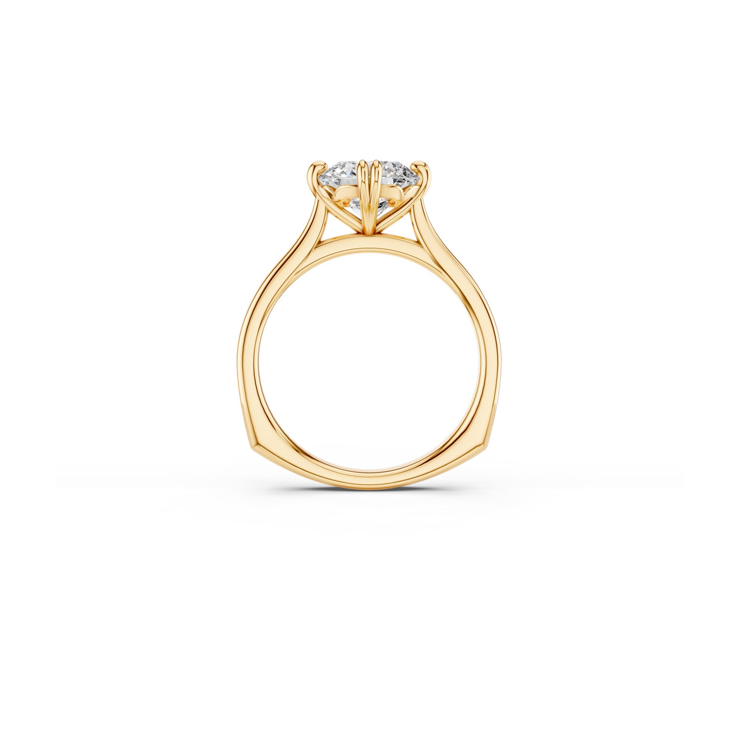 Side view of round brilliant cut solitaire highlighting elevated gallery details, cathedral shoulders and euro shank 