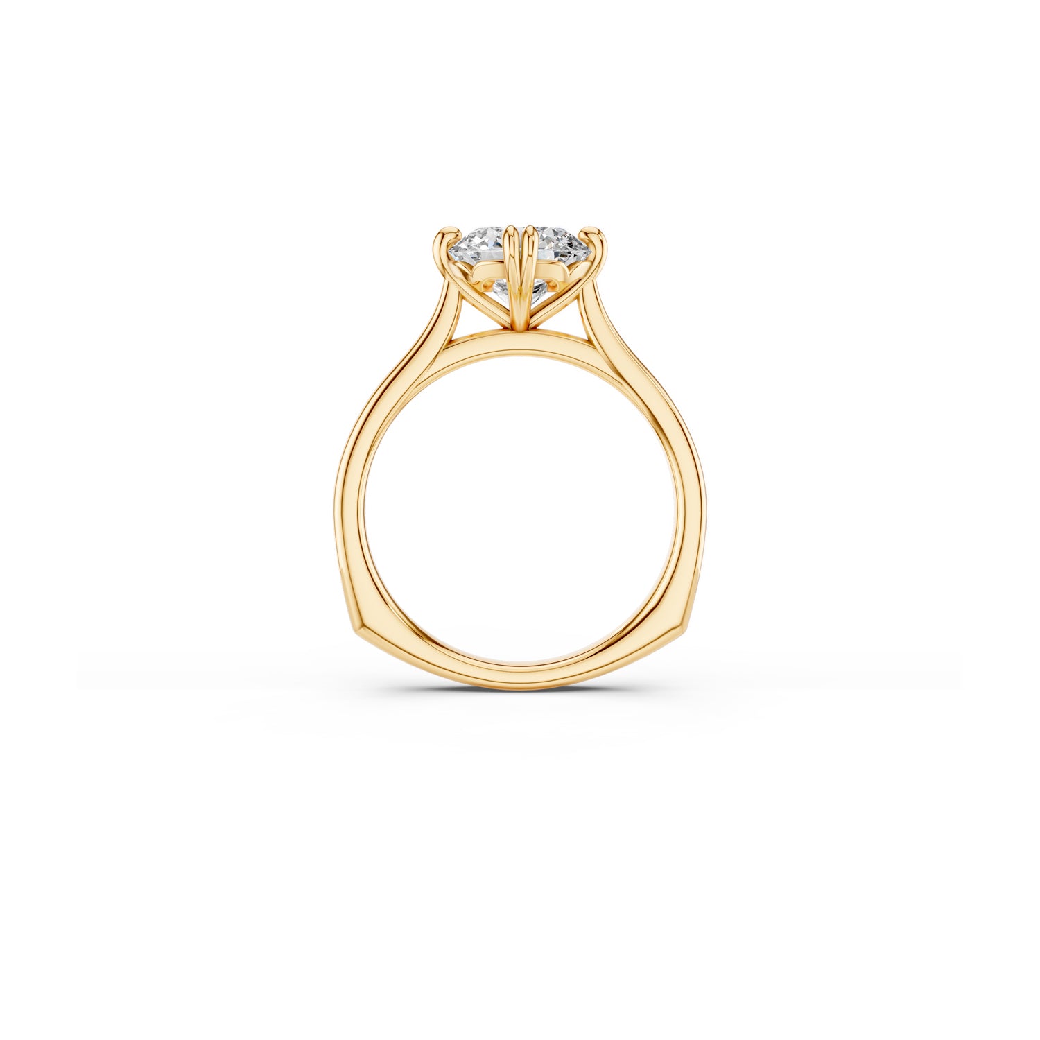 Side view of round brilliant cut solitaire highlighting elevated gallery details, cathedral shoulders and euro shank 