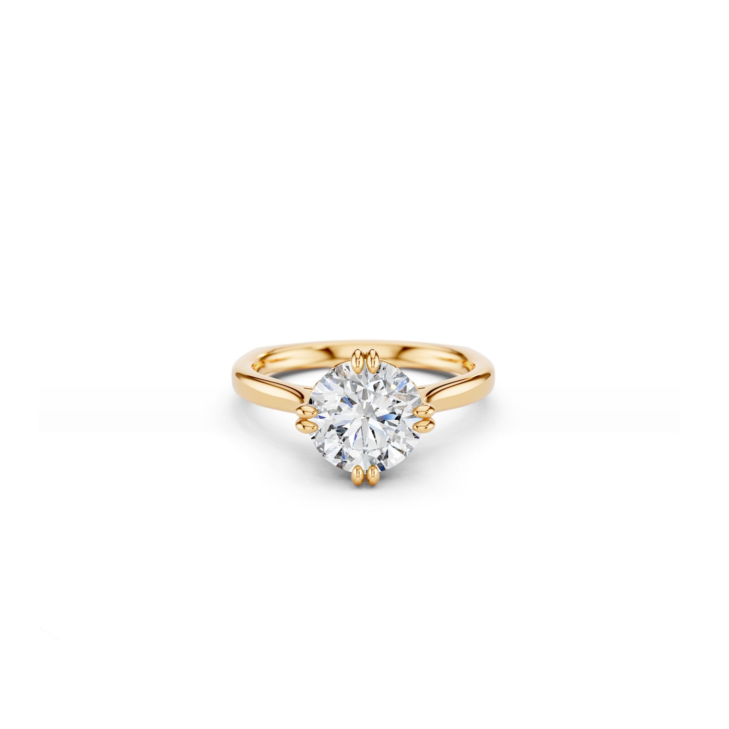 Modern round brilliant solitaire engagement ring with cathedral shoulders and double compass claws in yellow gold