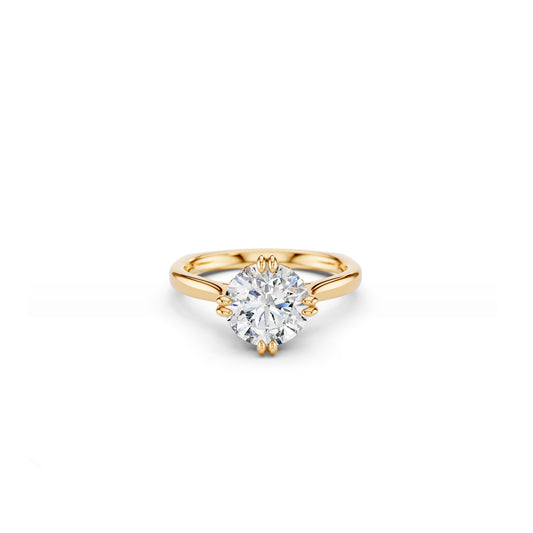 Modern round brilliant solitaire engagement ring with cathedral shoulders and double compass claws in yellow gold
