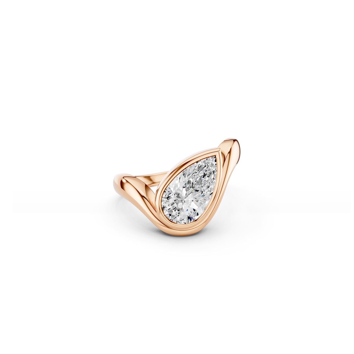 Rose gold wave engagement ring with angled 2ct pear-shaped diamond