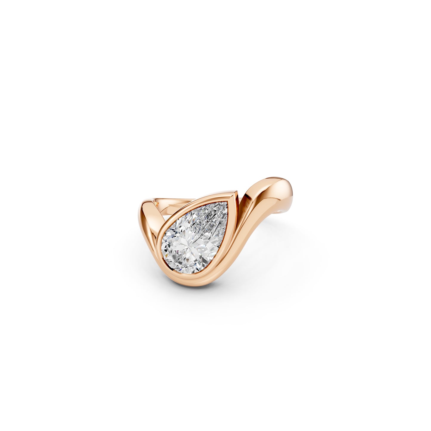 Angled view of pear-shaped diamond wave engagement ring in rose gold