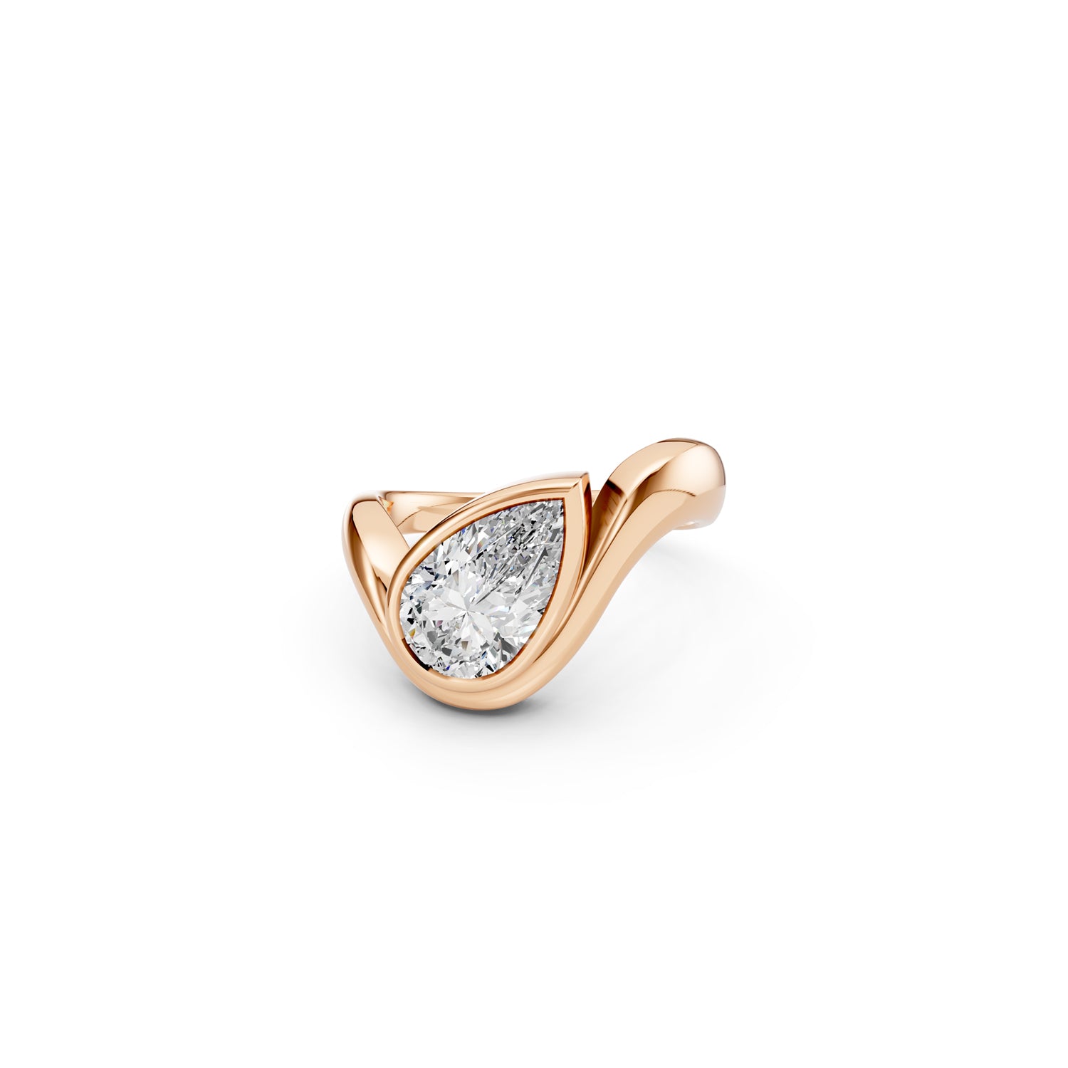 Angled view of pear-shaped diamond wave engagement ring in rose gold
