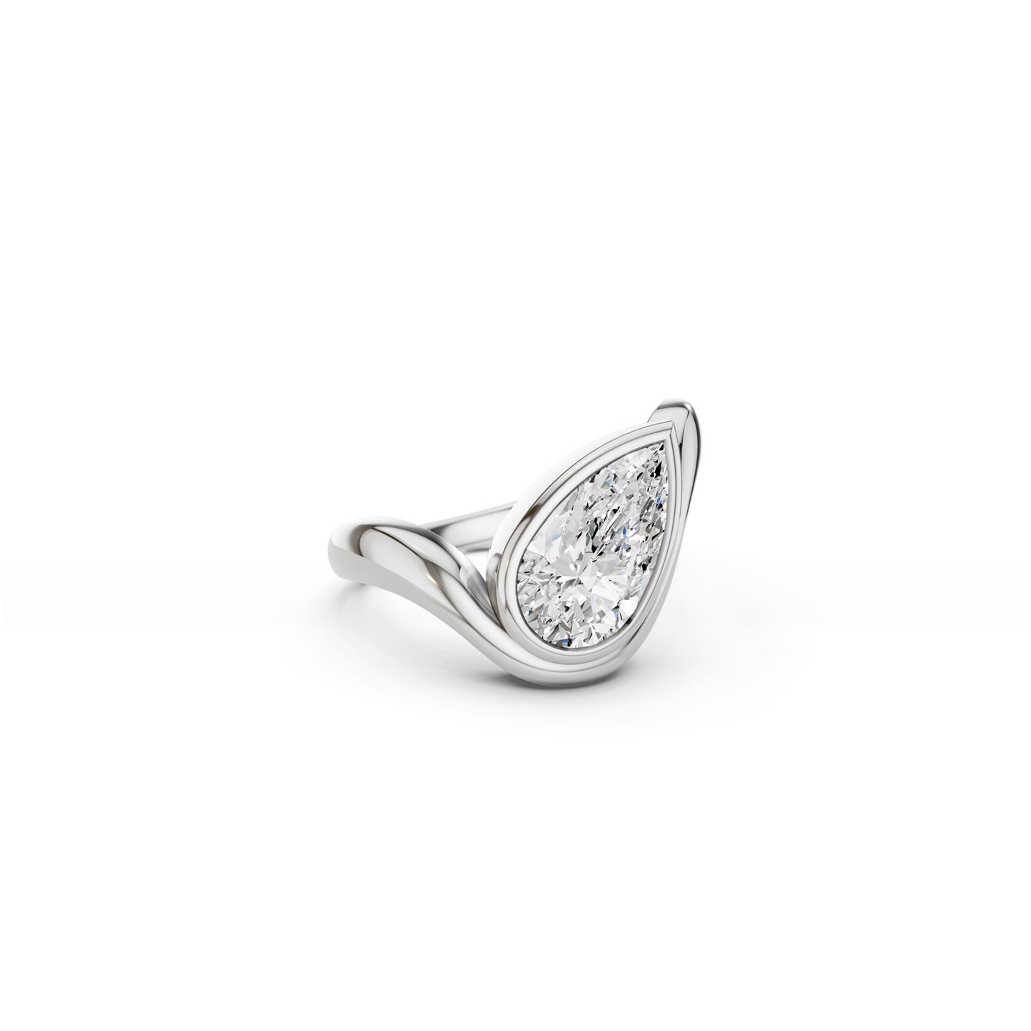 Angled view of pear-shaped diamond wave engagement ring in white gold