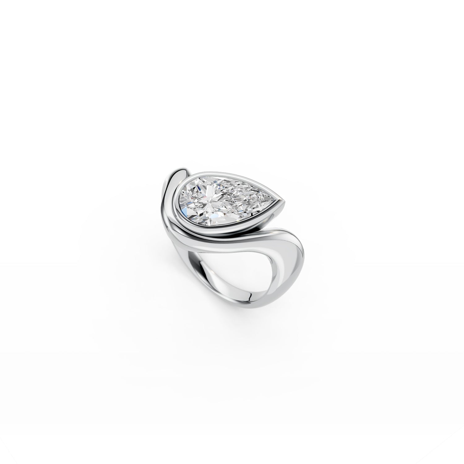 Sculptural wave engagement ring with angled 2ct pear-shaped diamond in white gold