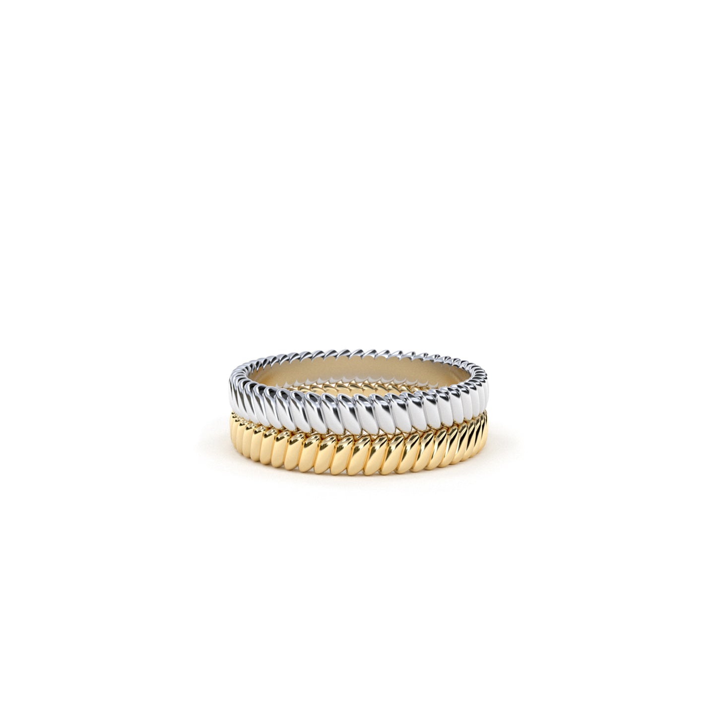 Stacked 3mm Lean On Me rings in 9k yellow and white gold