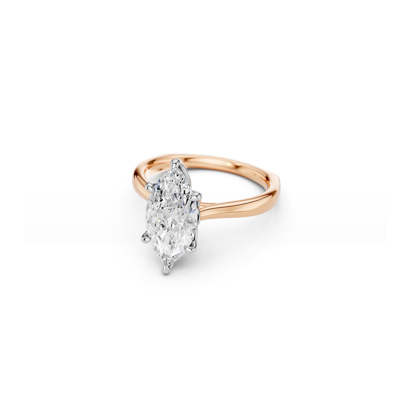 Two-tone, rose and white gold, marquise solitaire ring viewed from the front 
