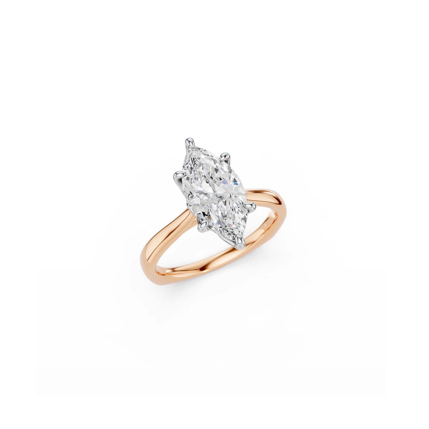 Feminine, two tone marquise solitaire ring in white and rose gold, perspective top view 