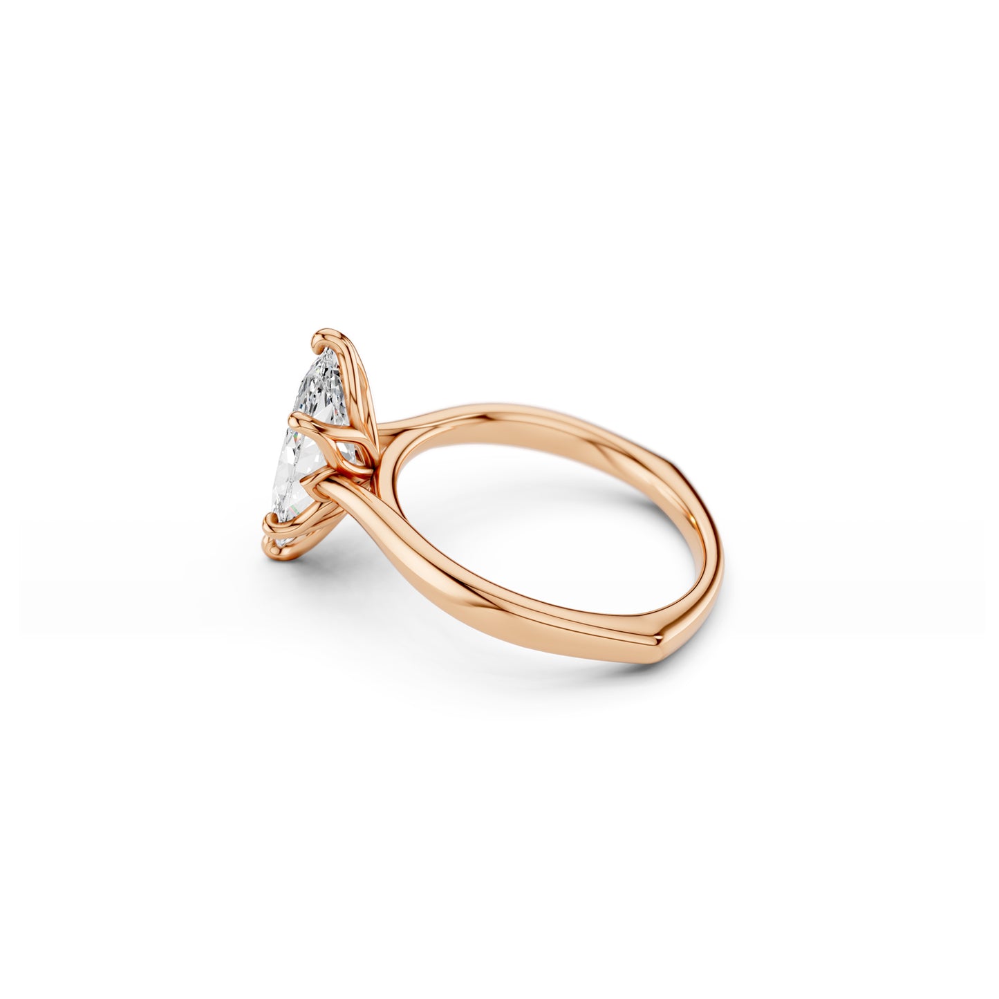 Angled side view of sculptural marquise engagement ring with floral basket and  euro shank in rose gold.