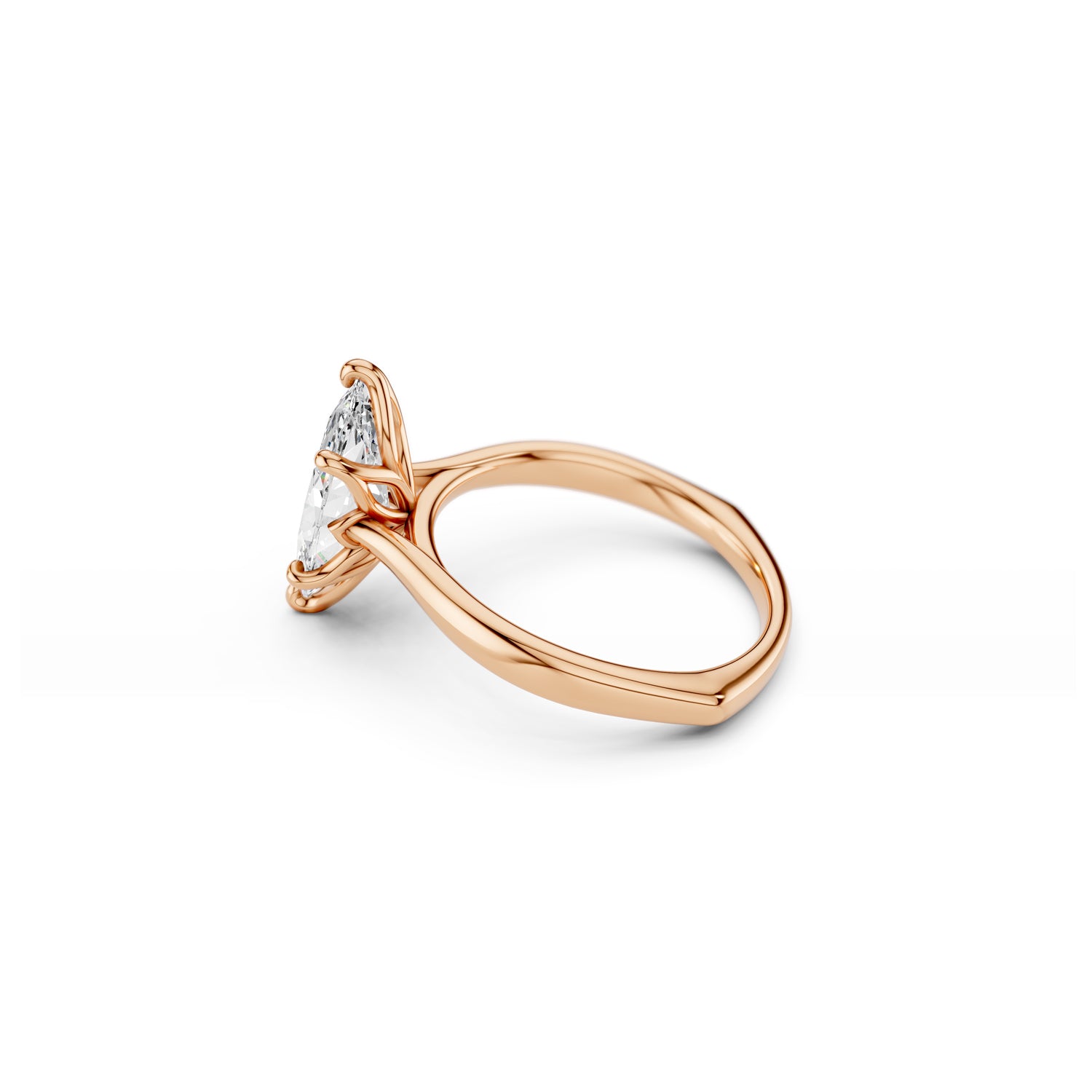 Angled side view of sculptural marquise engagement ring with floral basket and  euro shank in rose gold.