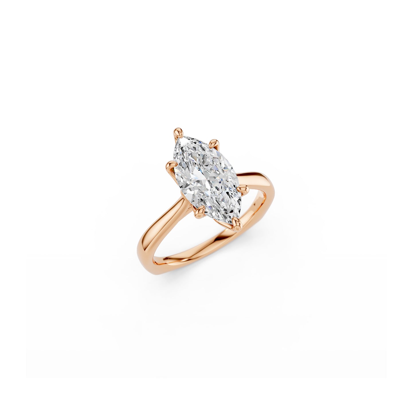 Perspective top view of a marquise diamond solitaire engagement ring in rose gold