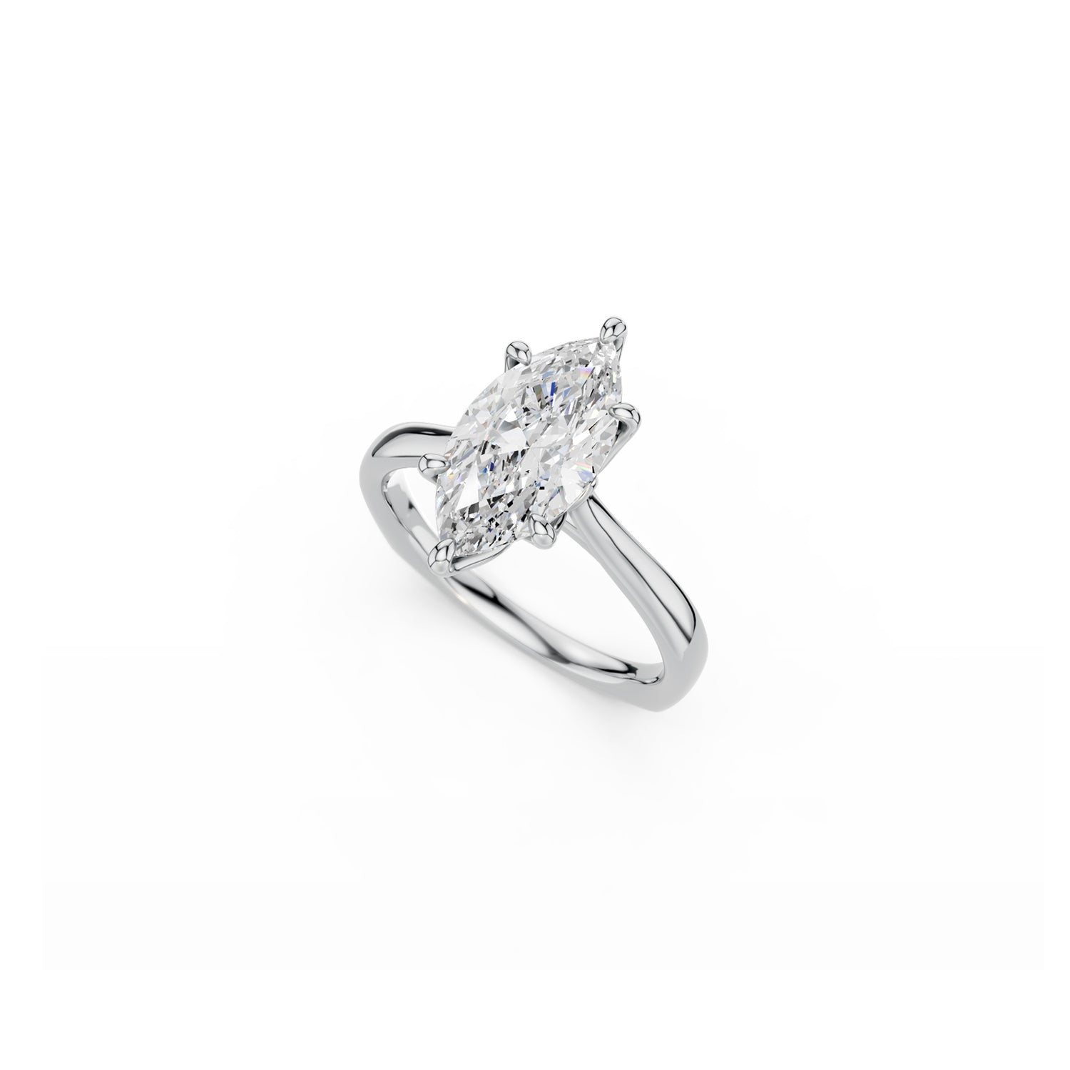Top view showing elegant proportions of marquise-cut diamond solitaire ring with cathedral shoulders in white gold