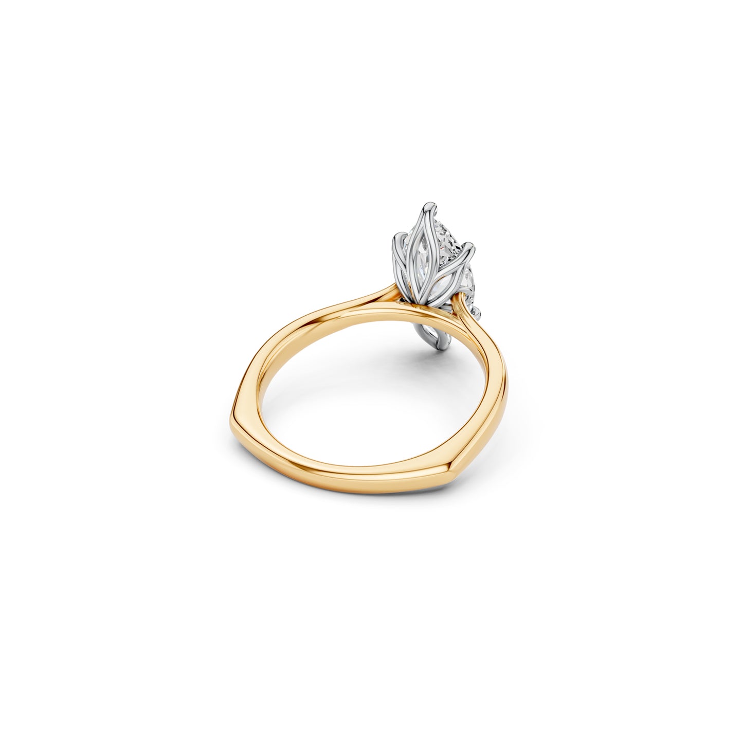 Two-tone marquise solitaire ring with a white gold petal-inspired setting on a yellow gold euro shank with cathedral shoulders