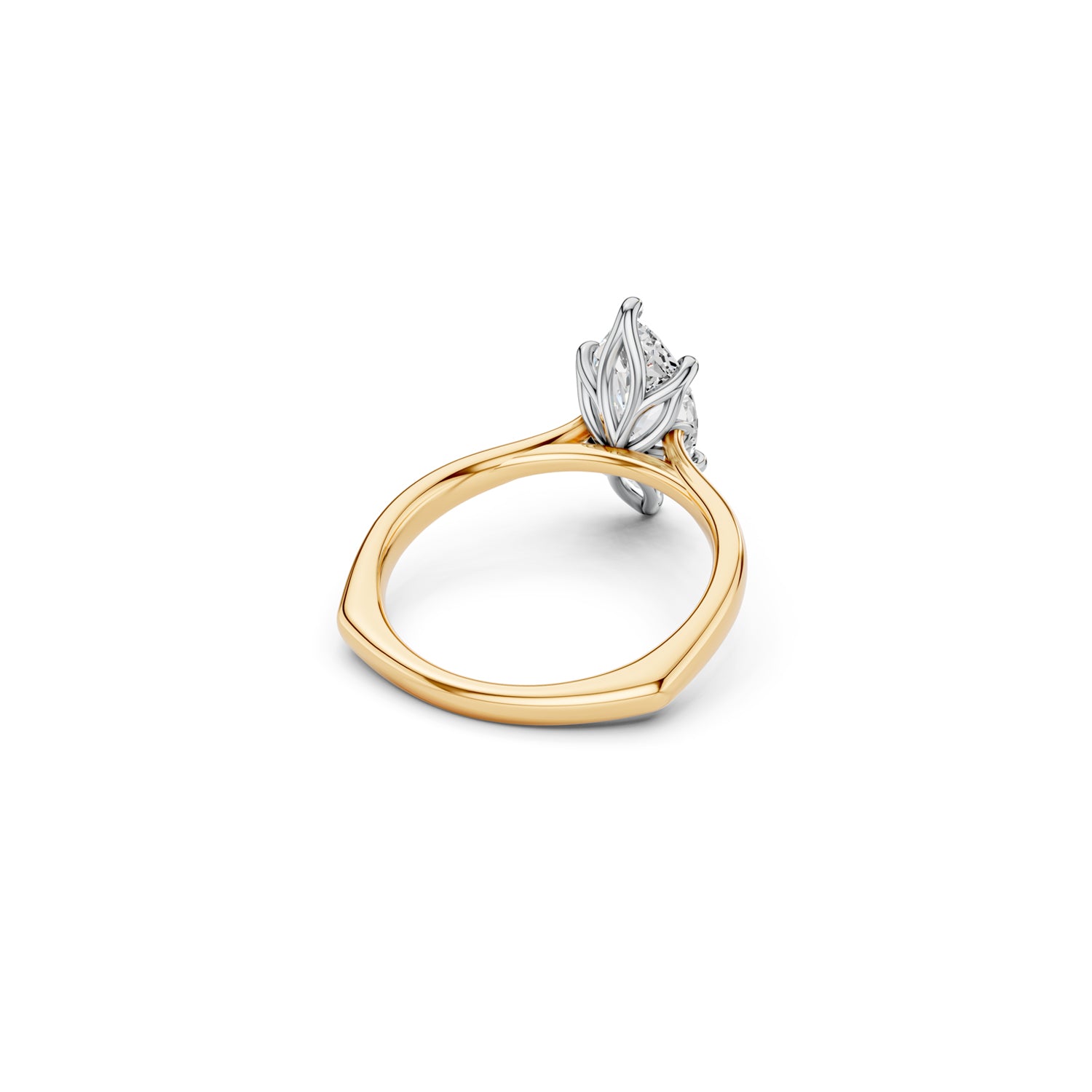 Two-tone marquise solitaire ring with a white gold petal-inspired setting on a yellow gold euro shank with cathedral shoulders