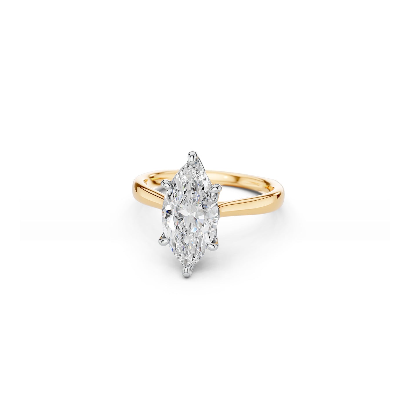 Two-tone marquise solitaire ring with white gold setting on a yellow gold band, viewed at a slight angle