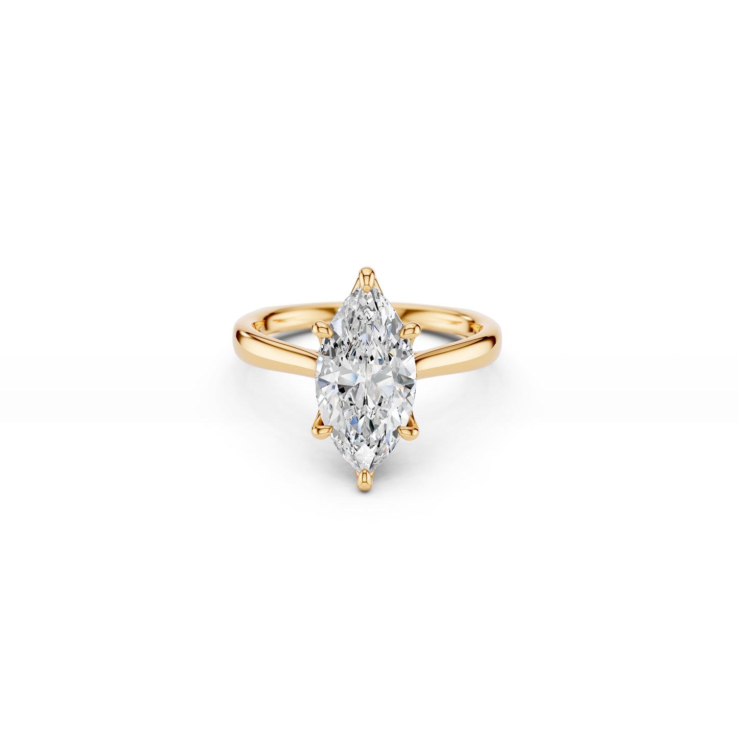 Yellow gold marquise-cut diamond solitaire engagement ring with cathedral shoulders 