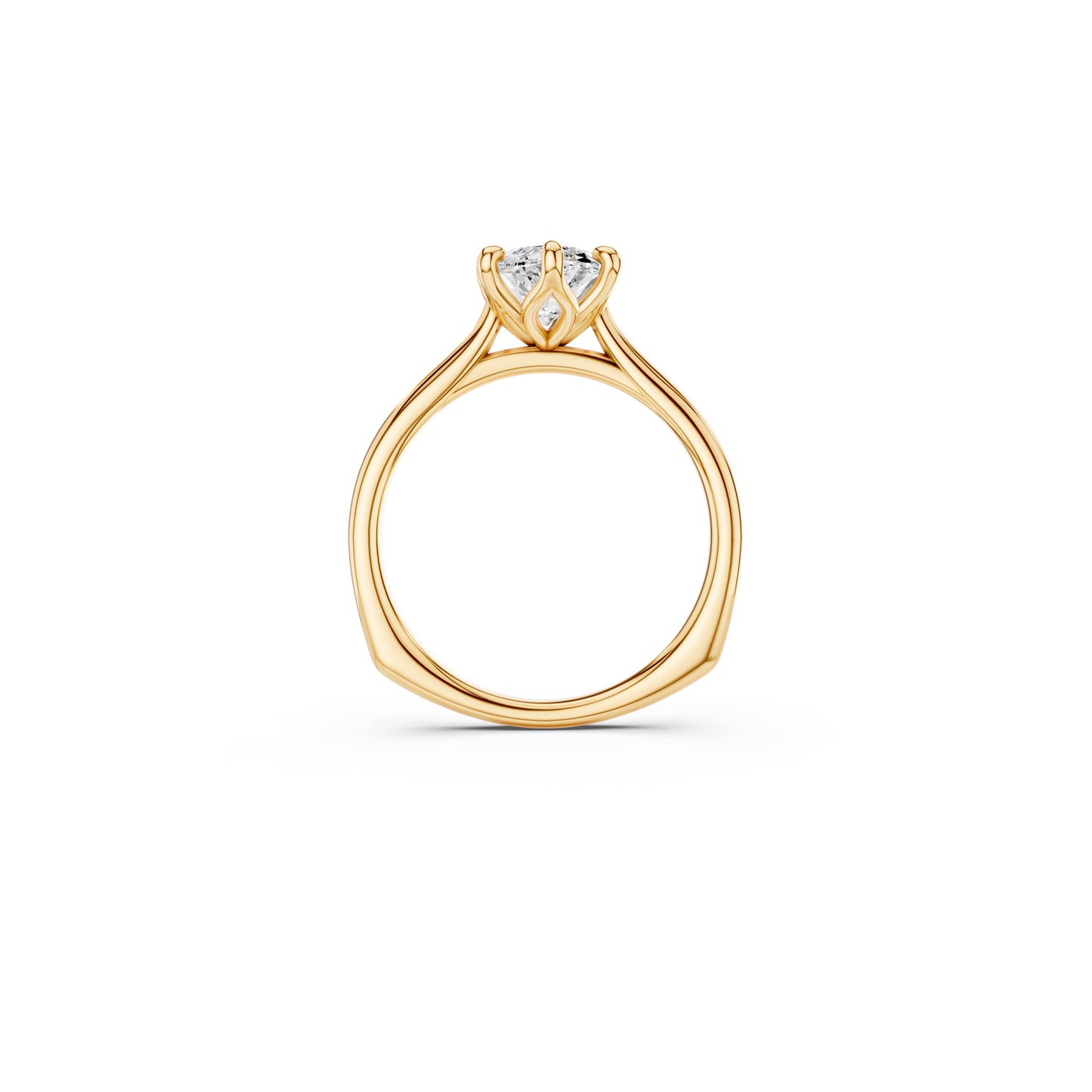 Side view of marquise solitaire ring with petal-inspired gallery details, cathedral shoulders and euro shank 