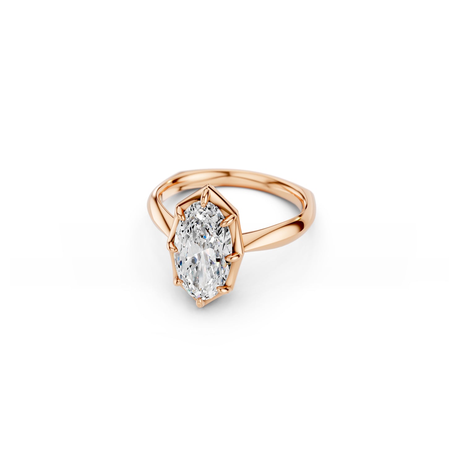 Three-quarter view of bold moval solitaire ring in rose gold 