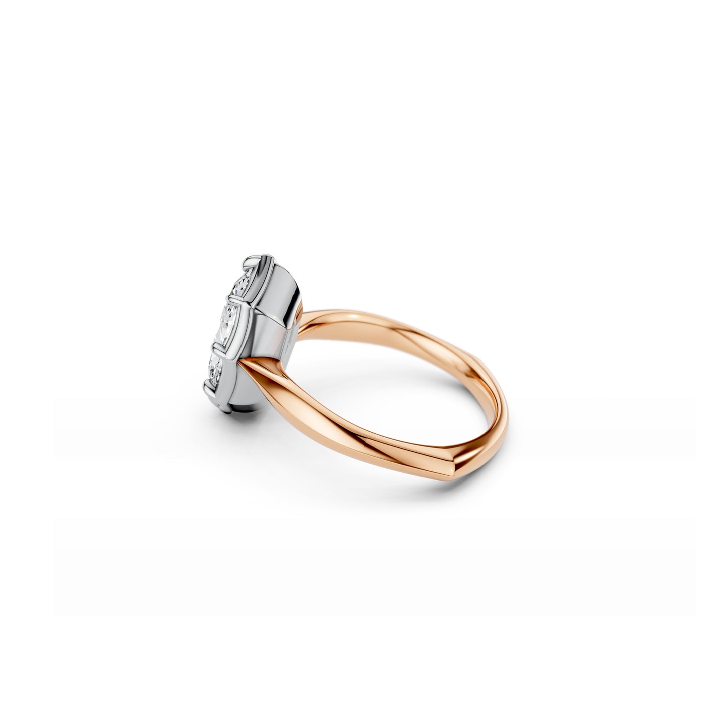 Angled side profile of moval-cut diamond engagement ring with Georgian-inspired setting and euro shank in rose and white gold