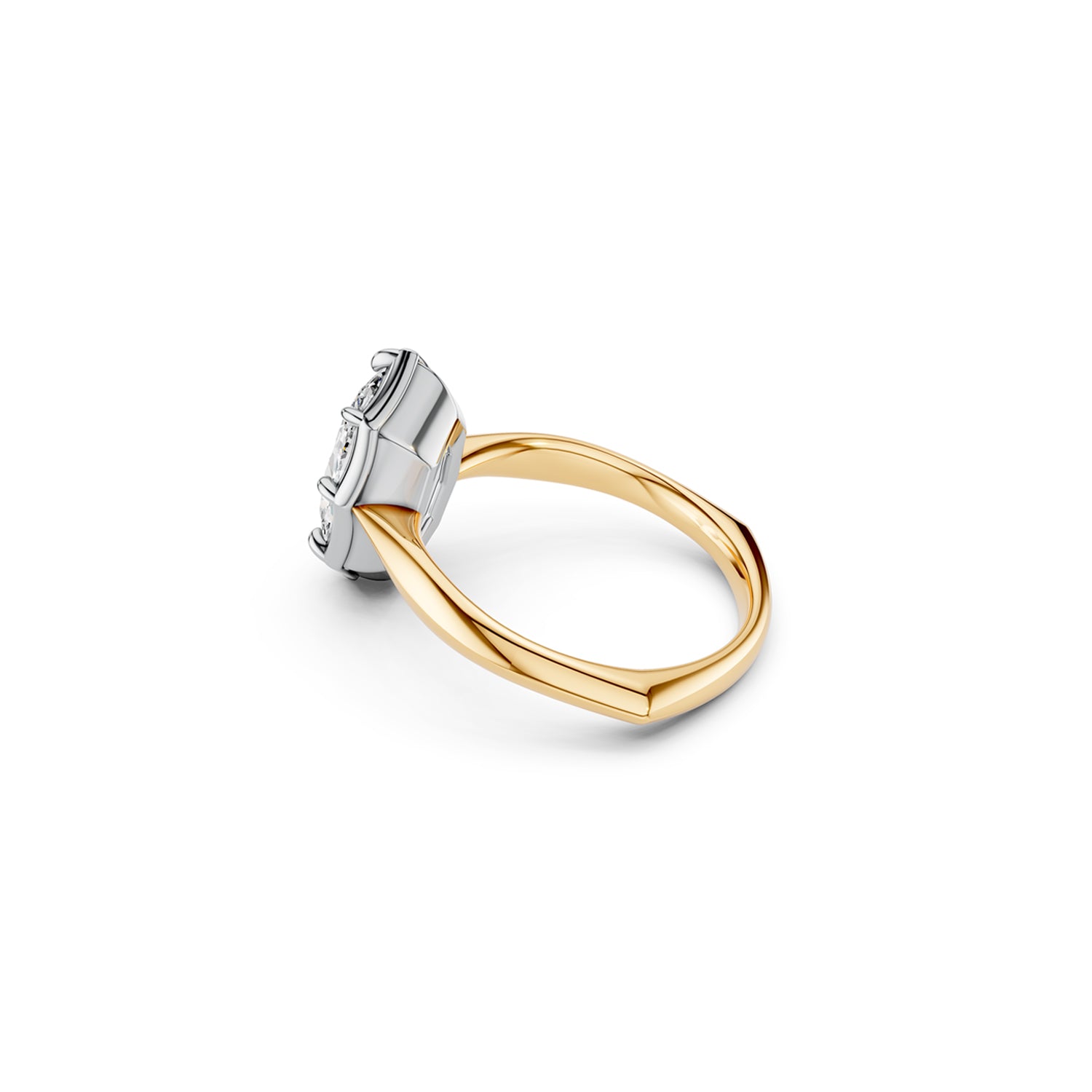 Angled side view of two-tone moval diamond solitaire ring with softly pointed octagonal basket and euro shank