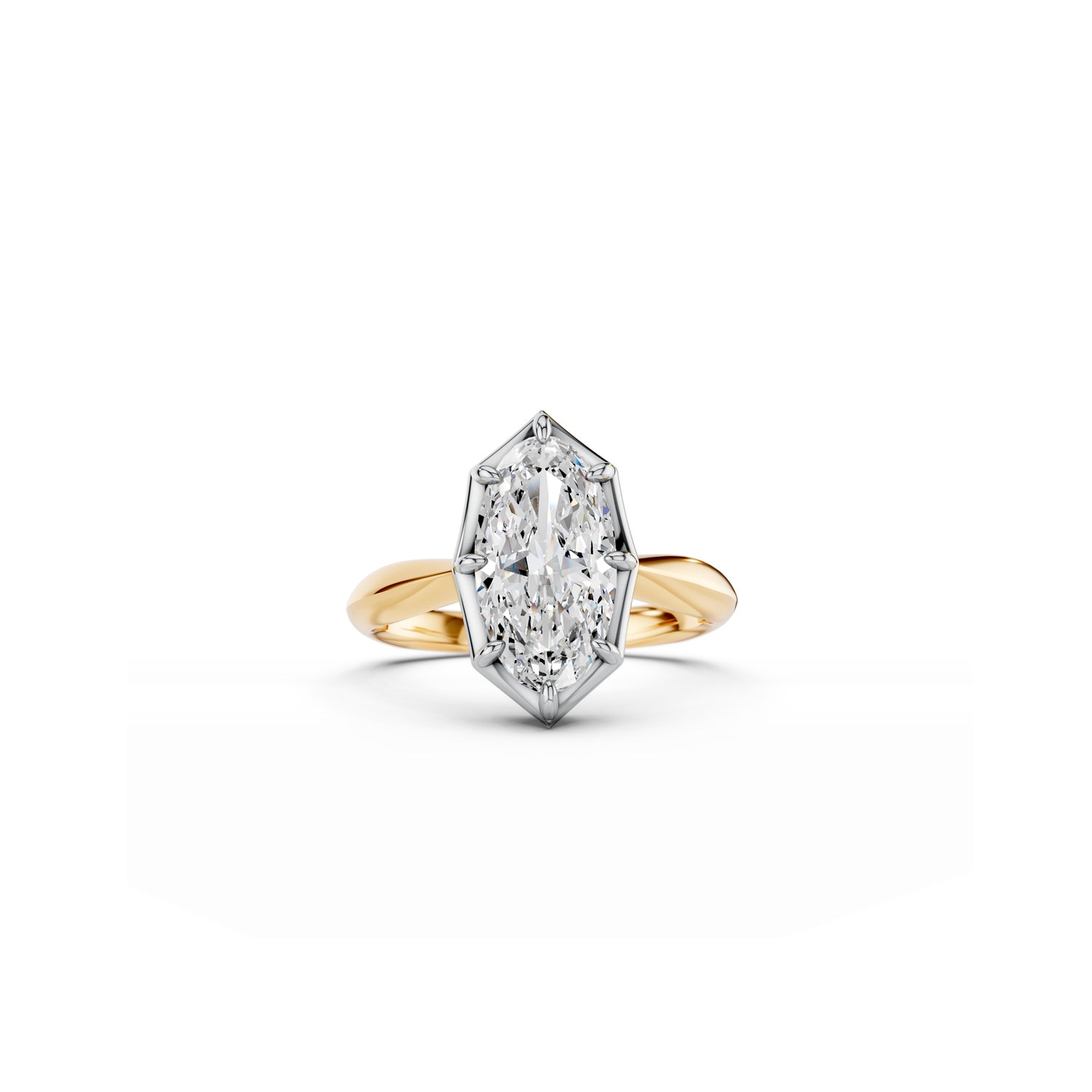 Moval-cut diamond engagement ring with octagonal Georgian-inspired setting in yellow and white gold 