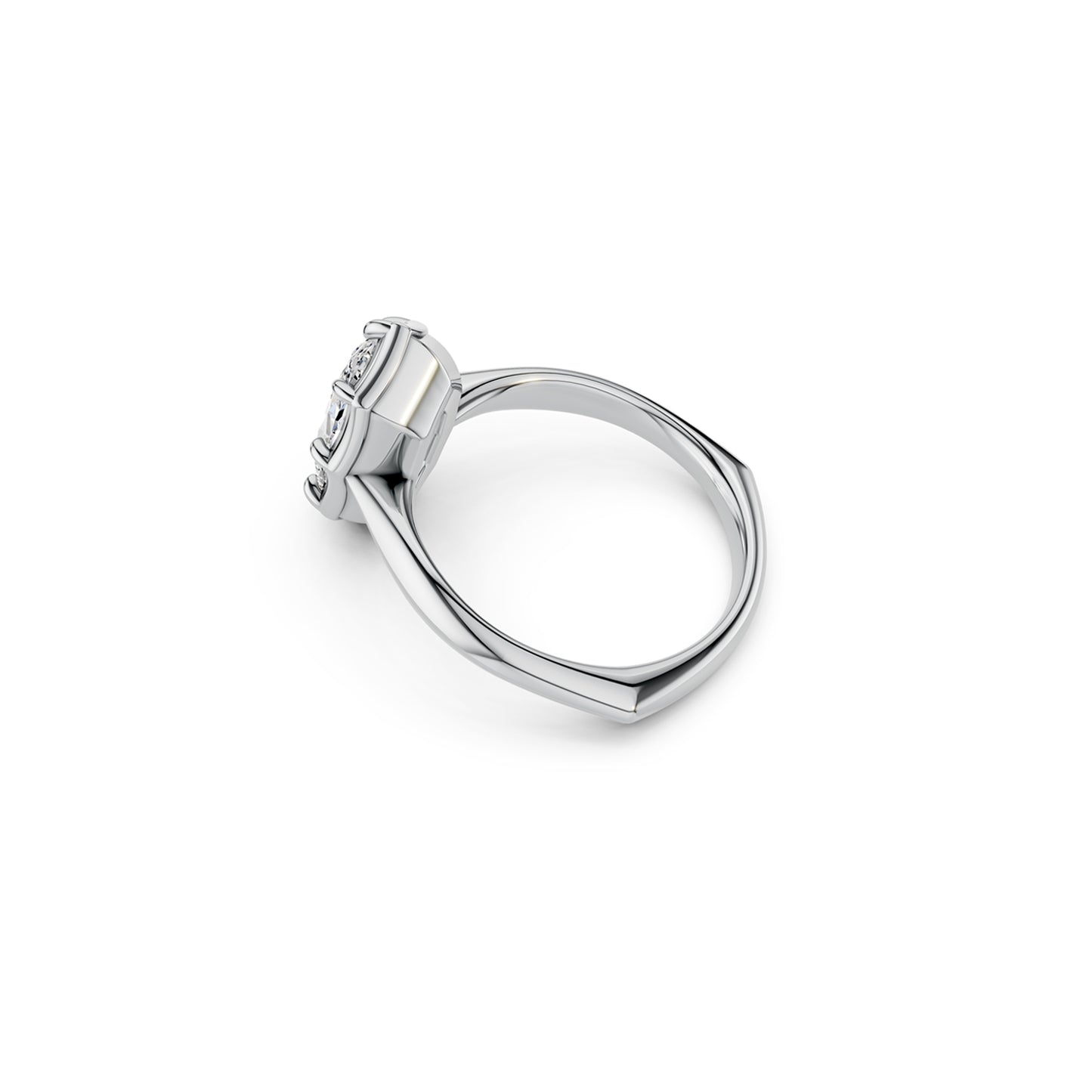 White gold moval lab -diamond engagement ring with bold Georgian setting and a euro shank, angled side view