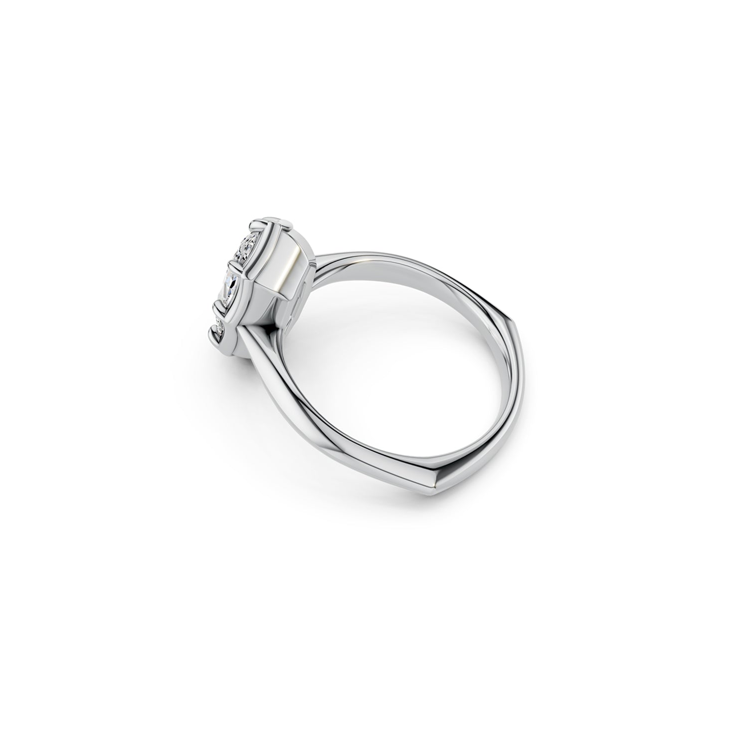 White gold moval lab -diamond engagement ring with bold Georgian setting and a euro shank, angled side view
