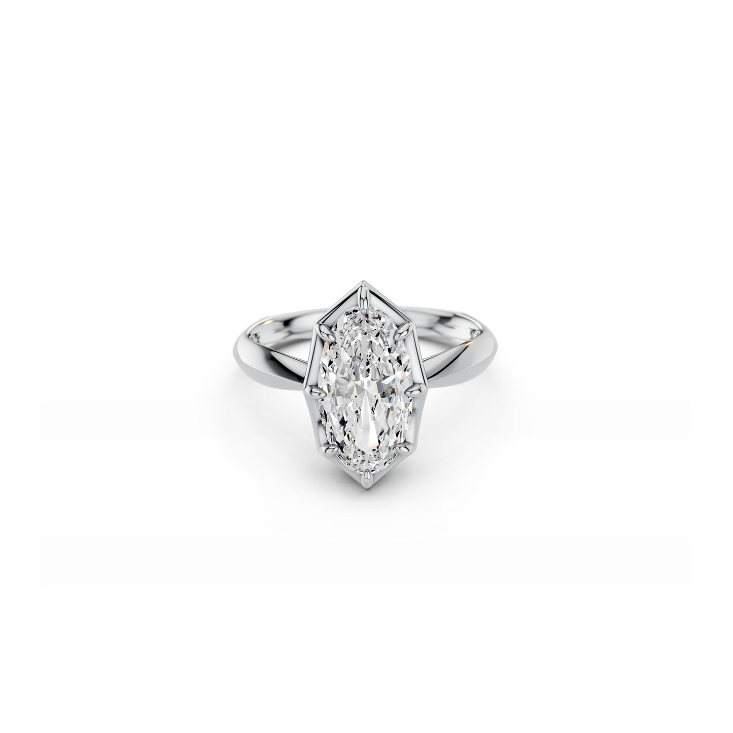White gold moval-cut diamond solitaire engagement ring with bold Georgian inspired setting and softened knife edge band 