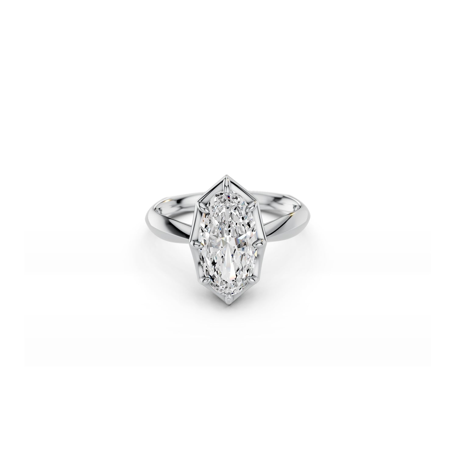 White gold moval-cut diamond solitaire engagement ring with bold Georgian inspired setting and softened knife edge band 