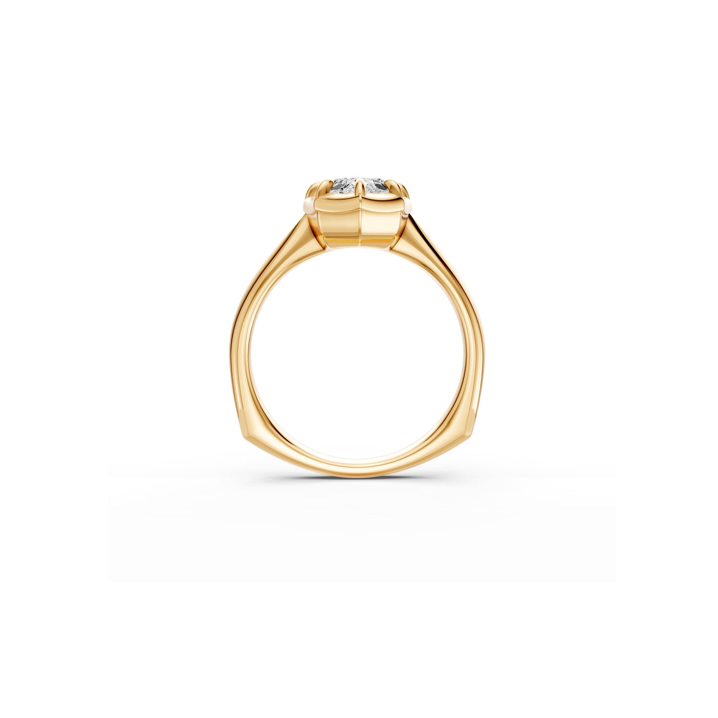 Side detail of moval solitaire ring with Georgian-inspired design in yellow gold