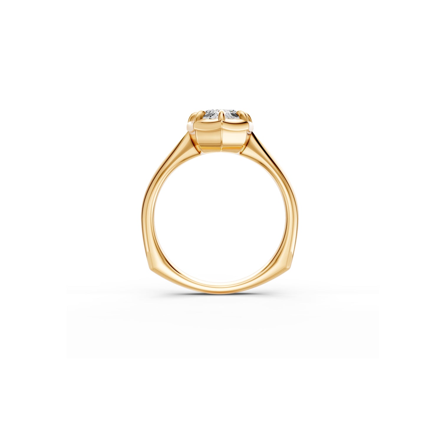Side detail of moval solitaire ring with Georgian-inspired design in yellow gold