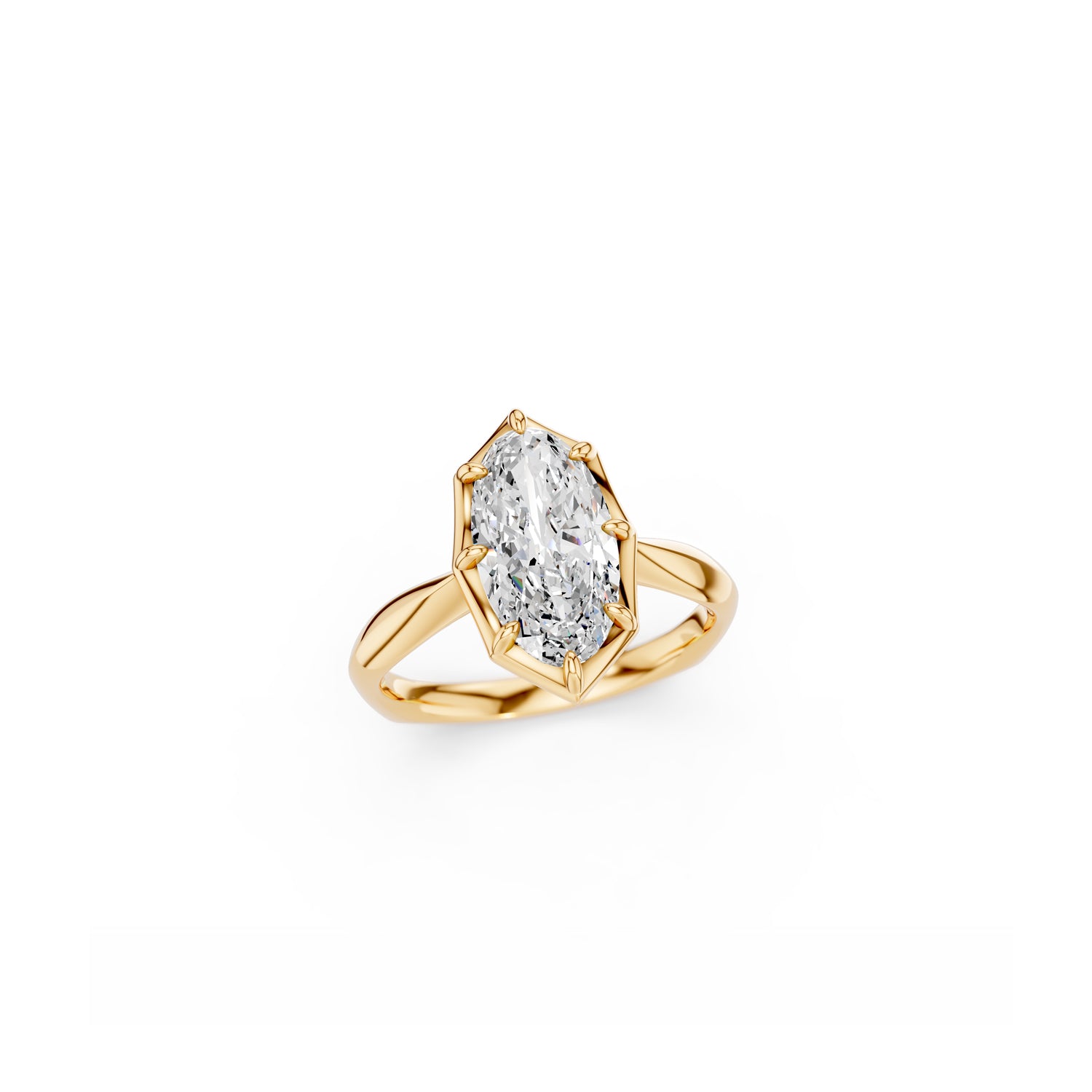 Perspective top view of moval-cut solitaire engagement ring with Georgian-inspired design