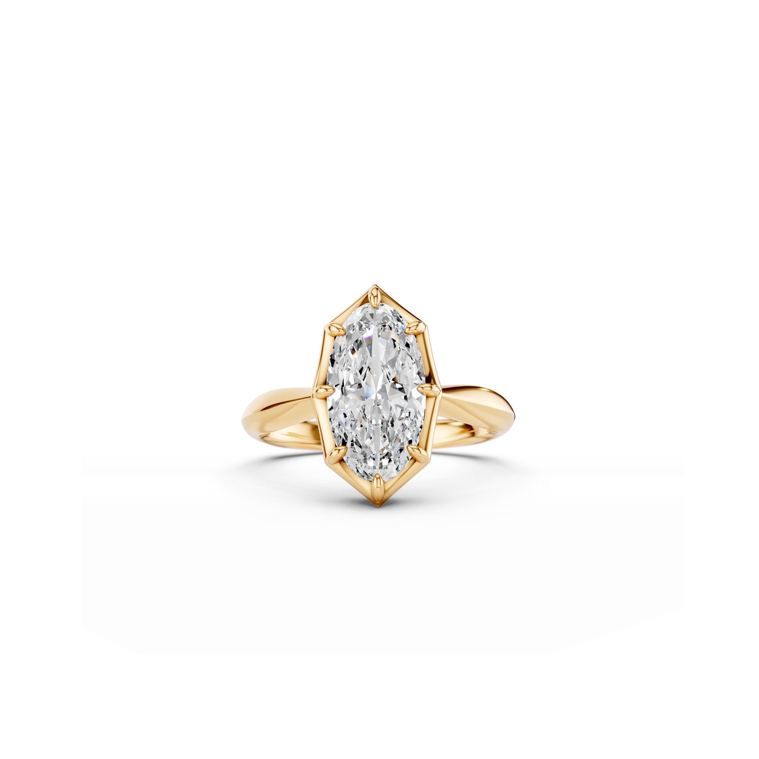 Bold moval-cut engagement ring with Georgian-inspired design, in yellow gold